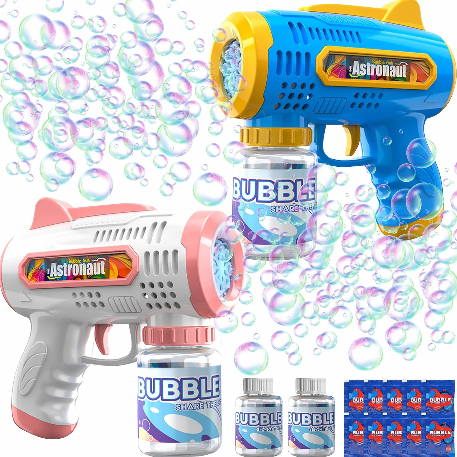 2 Pcs Pistola de Burbujas para Niños, Pistola Burbujas, Pistola de Burbujas Automática, Pistola de Pompas de Jabon, con 240ml Solución de Burbujas para Fiesta, Actividad al Aire Libre, Bodas