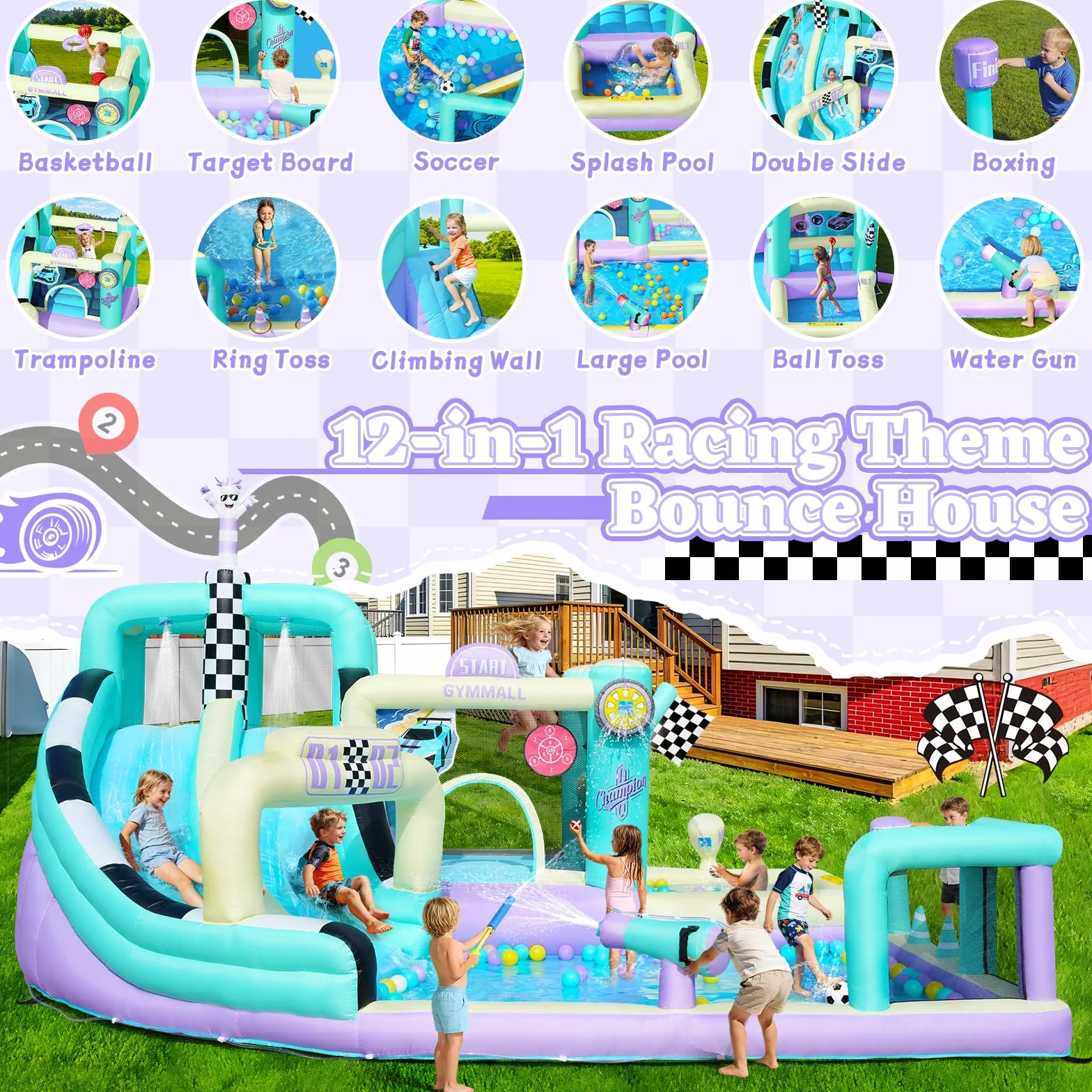 Castillo Inflable de Carreras para Niños, Gran Castillo Inflable 12 en 1 con Soplador de 750W, Doble Tobogán de Agua, Splash Pool, Zona de Salto, Apto para Interiores y Exteriores