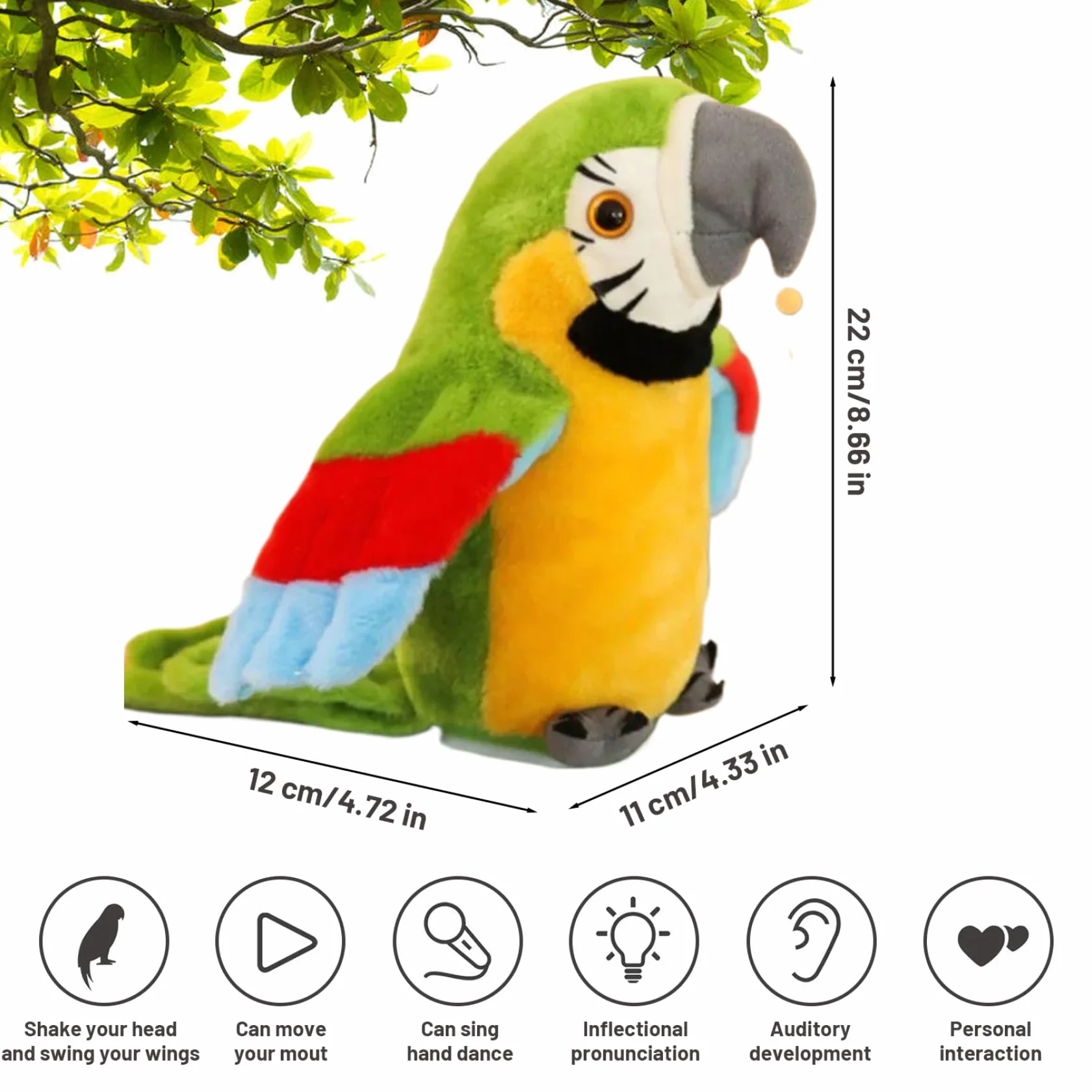 Loro parlante Que Repite lo Que Dices, Peluche electrónico con Forma de pájaro Mueve Las alas, Ideal para niños y niñas, Color Verde.