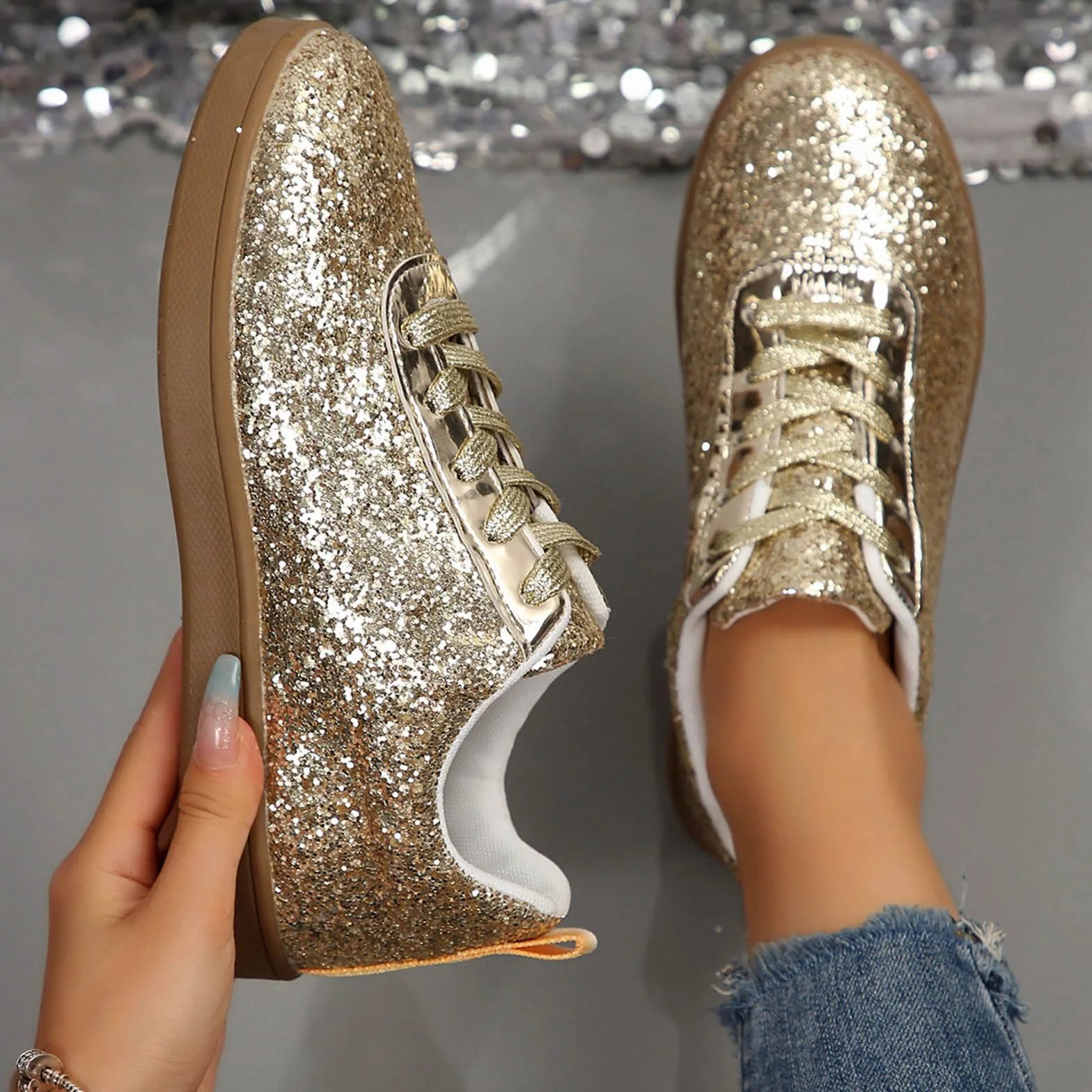 Zapatillas para mujer, zapatos planos con purpurina, transpirables, ligeros, con cordones