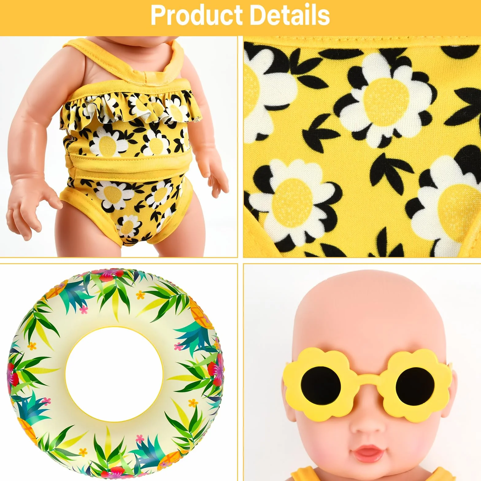 Traje de Baño para Muñecas, Ropa de Muñecas para New Born Baby Doll, Ropa para Muñecas Bebé con Bañadores Muñecas, Gafas de Sol, Anillo de Natación, Ropa de Muñeca para Muñecas de 35–45 cm