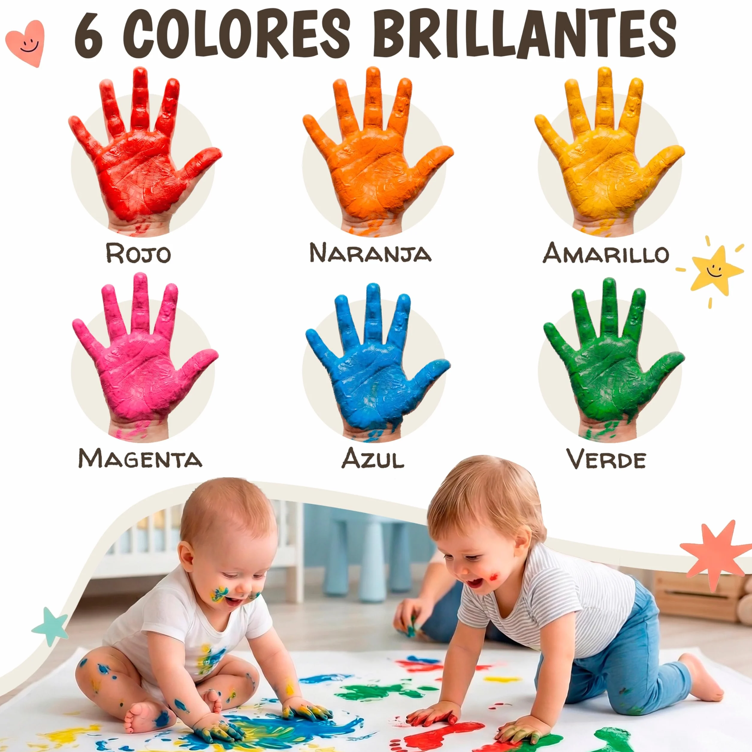 Pintura Dedos Bebe No Toxica Lavable 6x60ml – Pintura de Dedos Para Niños 1, 2, 3 años | Pintar con Manos y Pies | Pinta con Manos & Huellas Bebé Multi Superficia