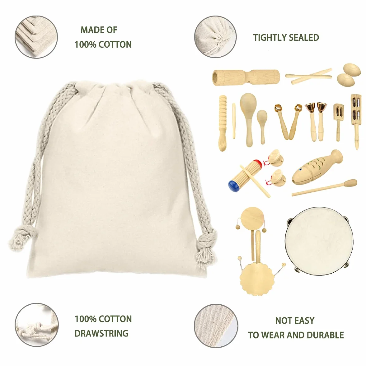 Instrumentos Músicales Infantiles, 27pcs Percusion Musicales Madera Set para Infantil, Niños y Bebe, Madera 100% Puro de Juguete Musical, Kit de Ritmo de Percusión Premium y Bolsa de Algodón