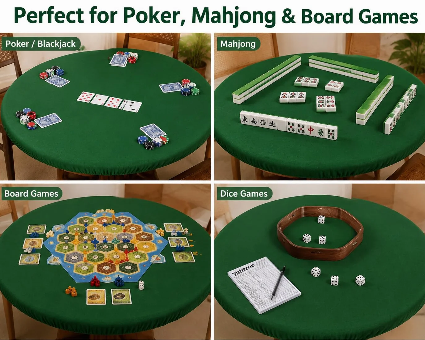 Katai – Cubierta Verde para Mesa de póker Estilo Casino – Fieltro elástico para mesas Redondas de 36 a 48" – Antideslizante y Reduce Ruido – Incluye 6 Posavasos