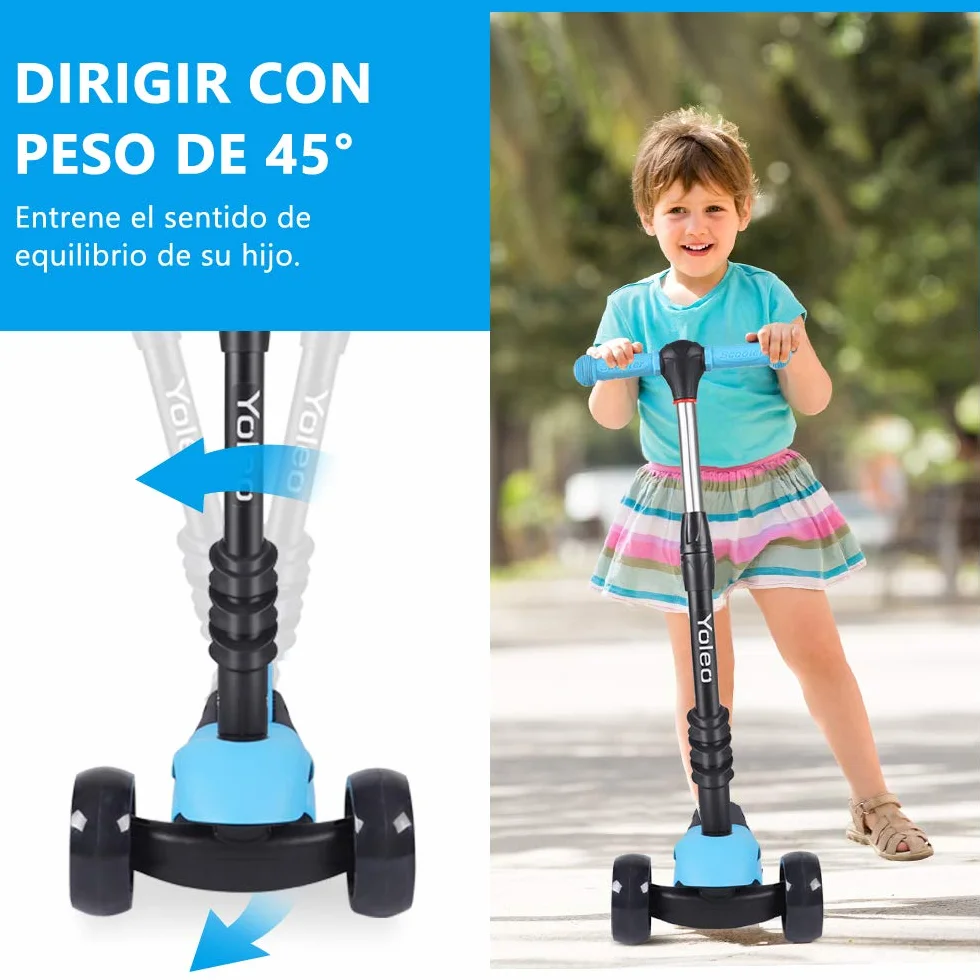 YOLEO Patinete para Niños 3-en-1, Scooter 3 Ruedas LED Parpadeantes, Scooter para Niños con Manillar Ajustable Asiento Extraíble de 2 a 8 años, Carga Máxima de 50 kg (Azul)