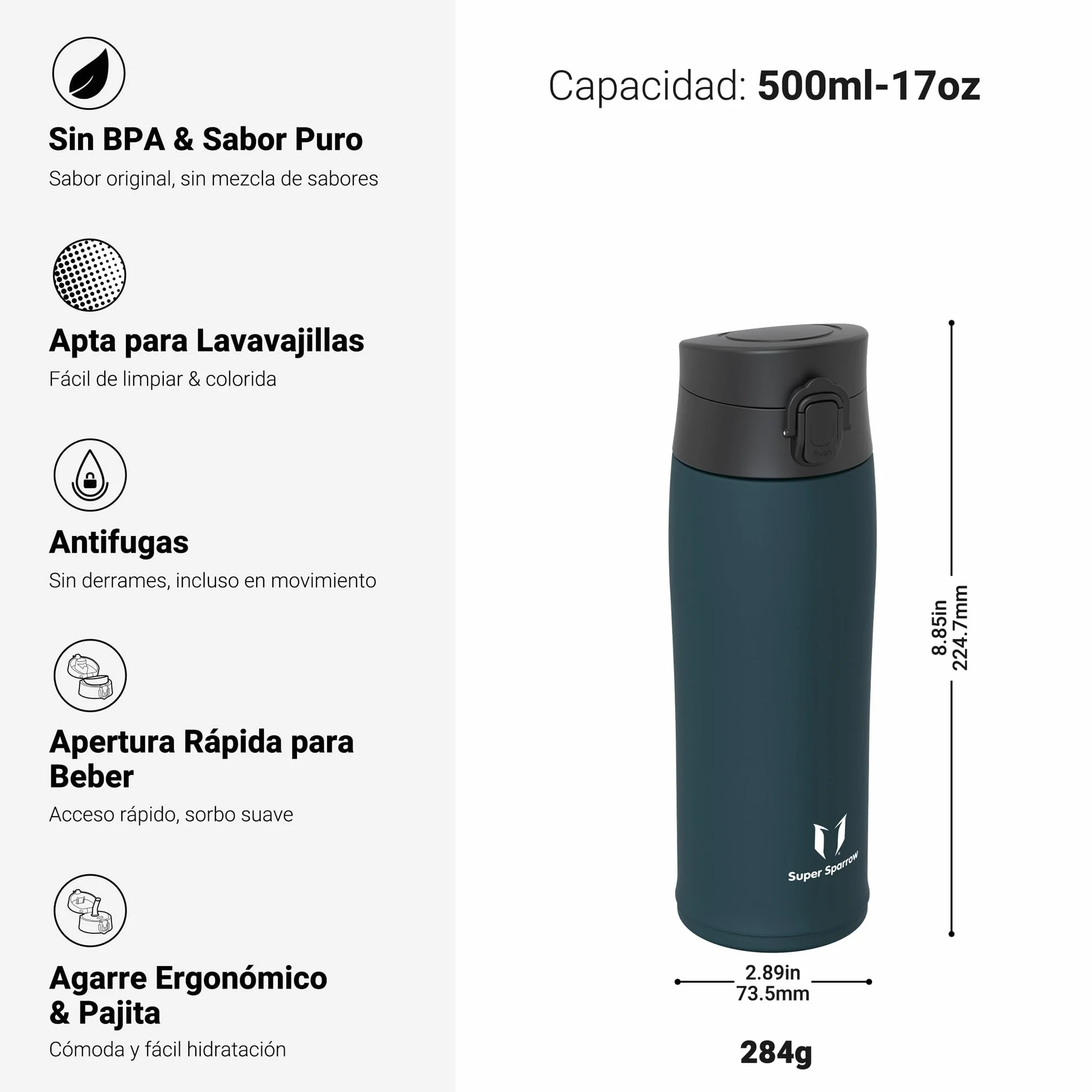 Super Sparrow Botella Agua Acero Inoxidable Termica 350ml 500ml 750ml 950ml Sin BPA con 2 Tapas