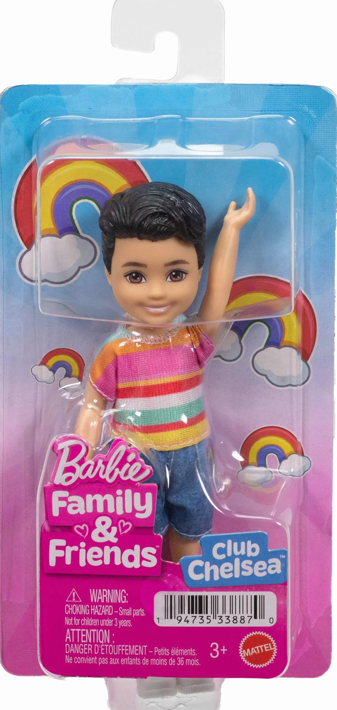 Barbie Club Chelsea Koji, muñeco pequeño de 15,24cm con Pelo castaño, Camiseta con Estampado de Rayas, Pantalones Cortos y Zapatos extraíbles, JJB36