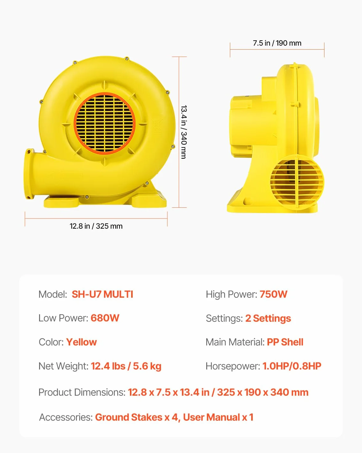 VEVOR Soplador de Aire para Castillos Inflables, 590 W y 690 W, 1,0 HP, Bomba Comercial, Ventilador Eléctrico 2750 RPM, Castillos Inflables, Toboganes de Agua, Amarillo, 360 x 230 x 370 mm