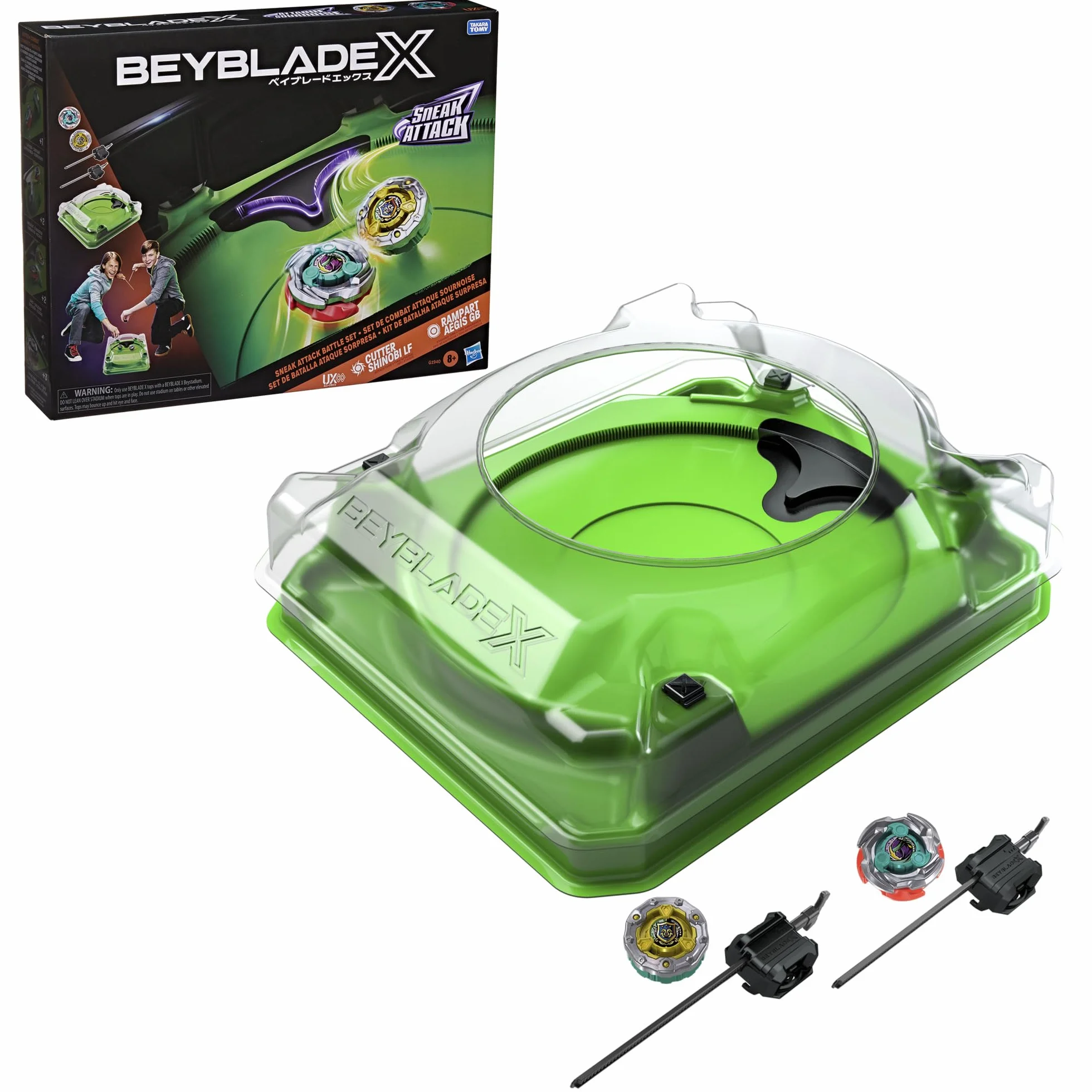 Beyblade X, Set de Batalla Sneak Attack con Arena Beystadium, 2 Tops Takara Tomy de rotación Derecha, 2 lanzadores, A Partir de 8 años