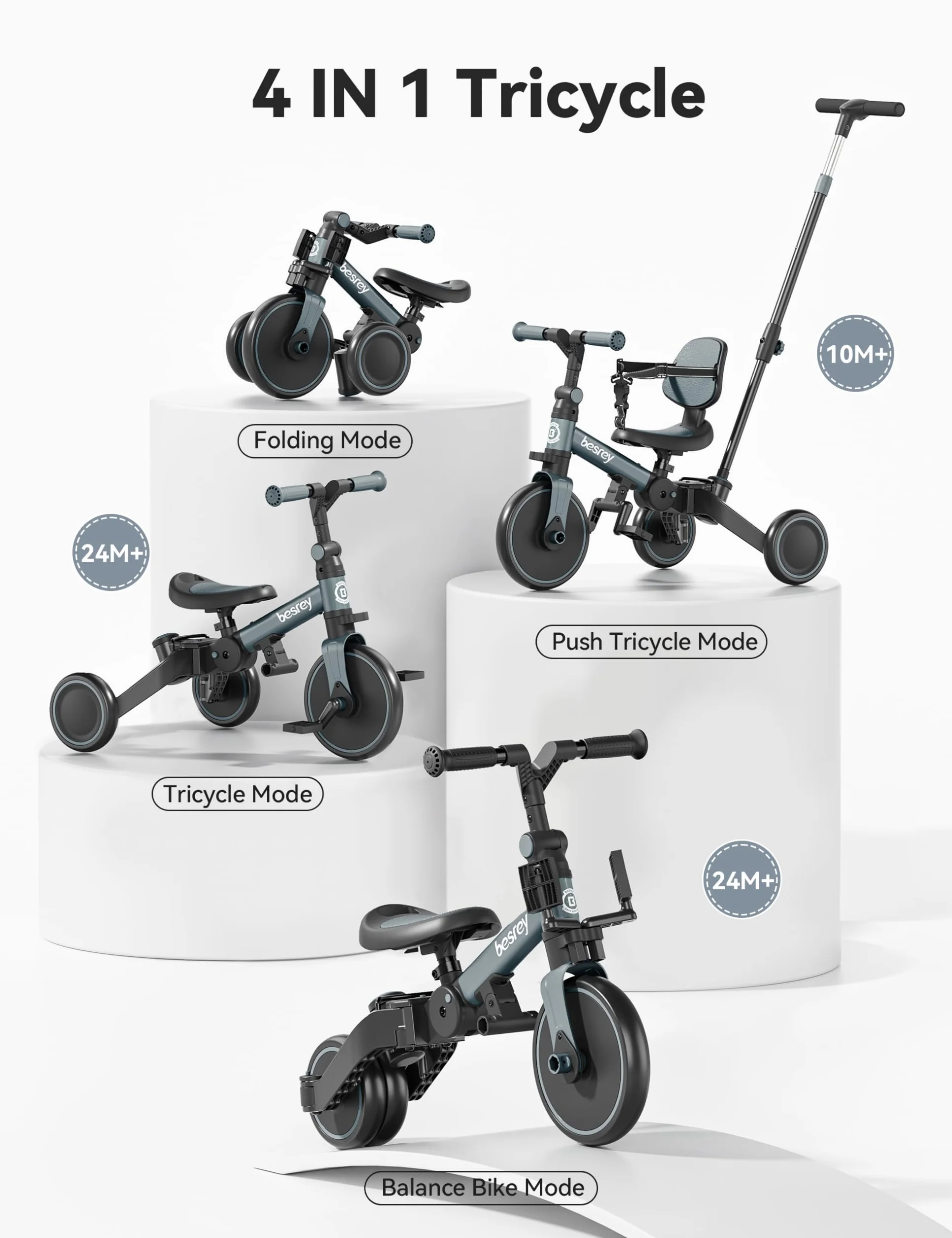 besrey Bicicleta para niños pequeños con manija de Control Parental para niñas y niños de 1 a 3 años, Triciclo para niños, Triciclo para niños pequeños con Pedal extraíble, Asiento Ajustable