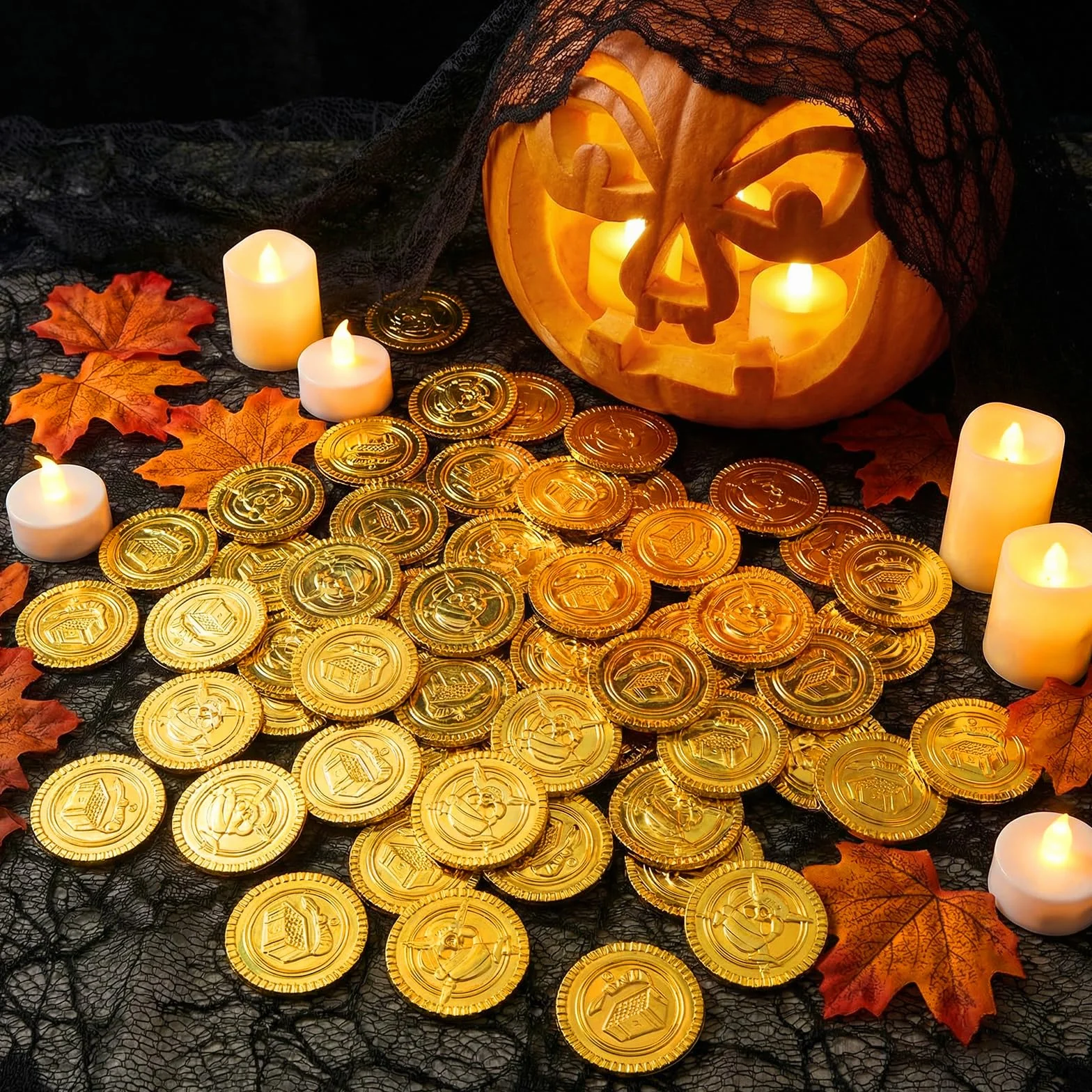 100 Piezas Piratas Monedas Juguete plástico Set | con Caja Transparente | Búsqueda del Tesoro Monedas de Oro, | Ideal para Decorar Fiestas de cumpleaños, sorteos de la Suerte, etc.