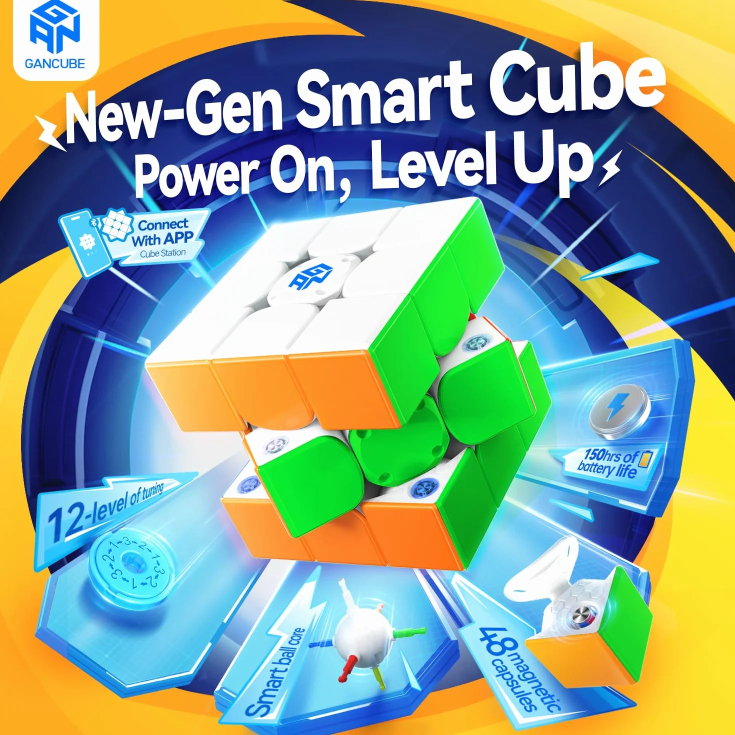 GAN 356 iCarryE Speed Cube Magnético Cubo Inteligente con Concurso en línea App, Cubos Bluetooth 48 imanes/12 Niveles de Magnetismo/4 Niveles de Elasticidad Batería Reemplazable (Versión Esmerilada)
