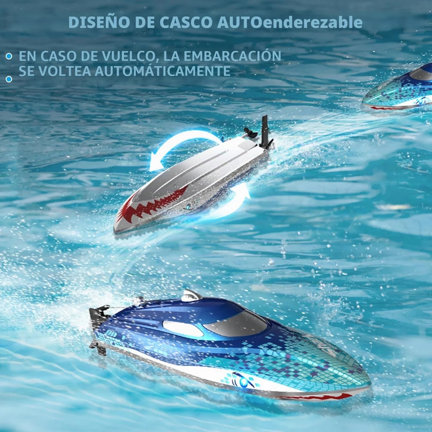 DEERC RC Boat con iluminación LED, barco tiburón teledirigido para piscinas y lagos, más de 20 km/h, barco de carreras de 2,4 GHz, juguete de piscina para niños a partir de 8 años