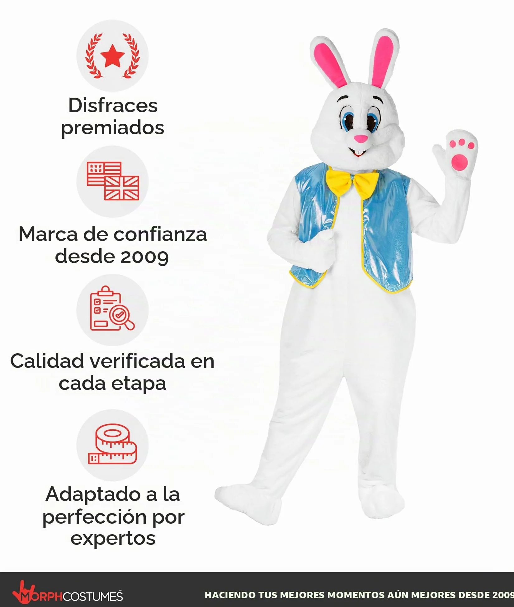Morph Disfraz Conejo de Pascua Adulto, Disfraz Halloween Adulto | Mono con Chaleco, Cabeza Desmontable, Manoplas & Pies, Estilo Blanco, Perfecto para Halloween, Siempre un Éxito