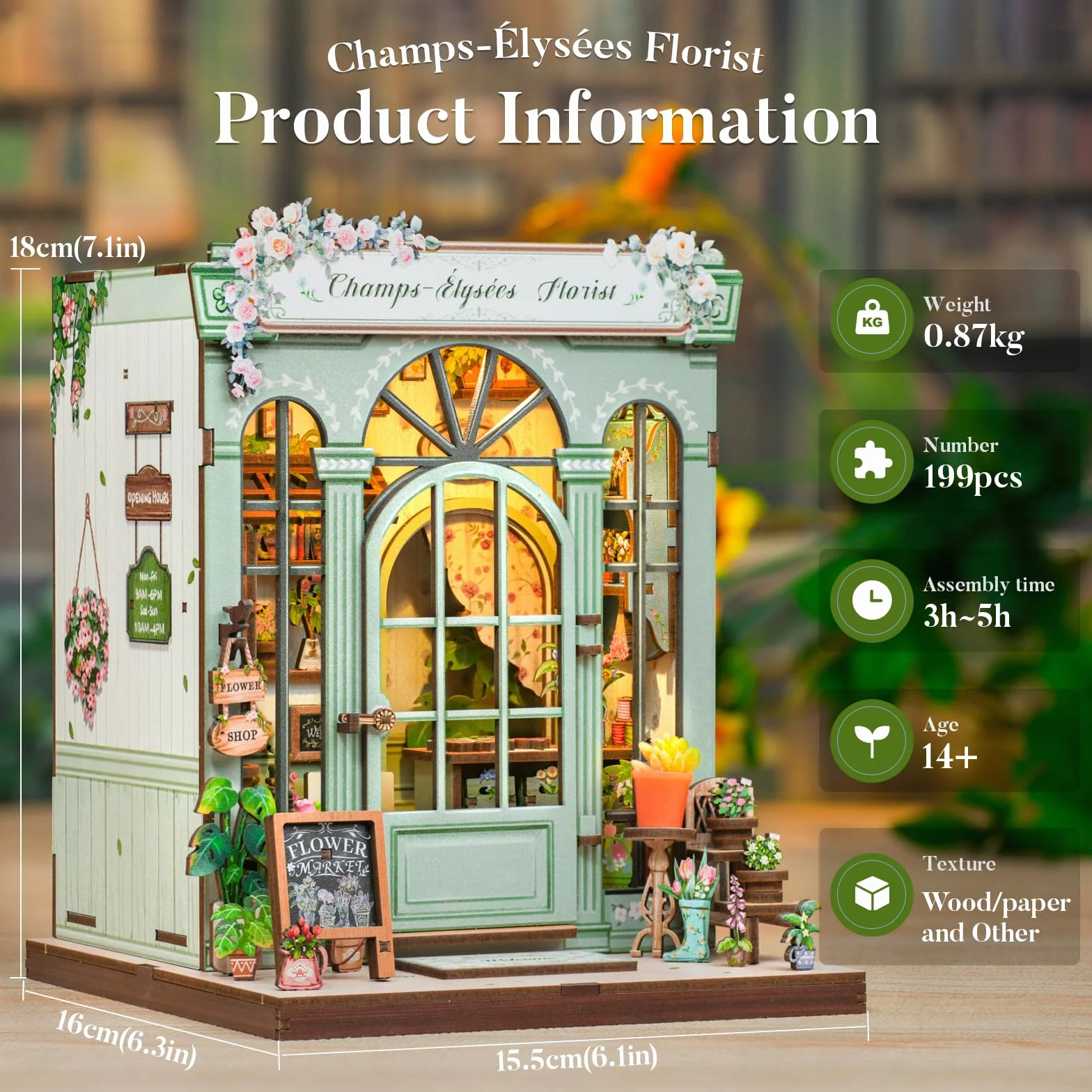 Fsolis Book Nook Kit con Luz LED - Casa de Muñecas en Miniatura 3D para Adultos, Regalo Creativo de Cumpleaños para Mujeres y Niñas(Floristería Champs-Élysées)