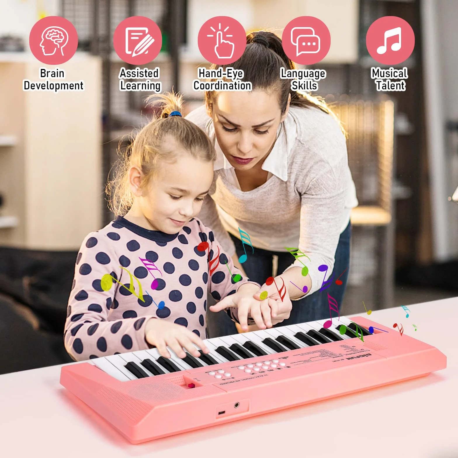 Teclado de Piano Electrónico para Niños y Niñas, 37 Teclas con Micrófono, Portátil para Multifuncional, Ideal para Cumpleaños de 3 a 6 Años (Rosa)