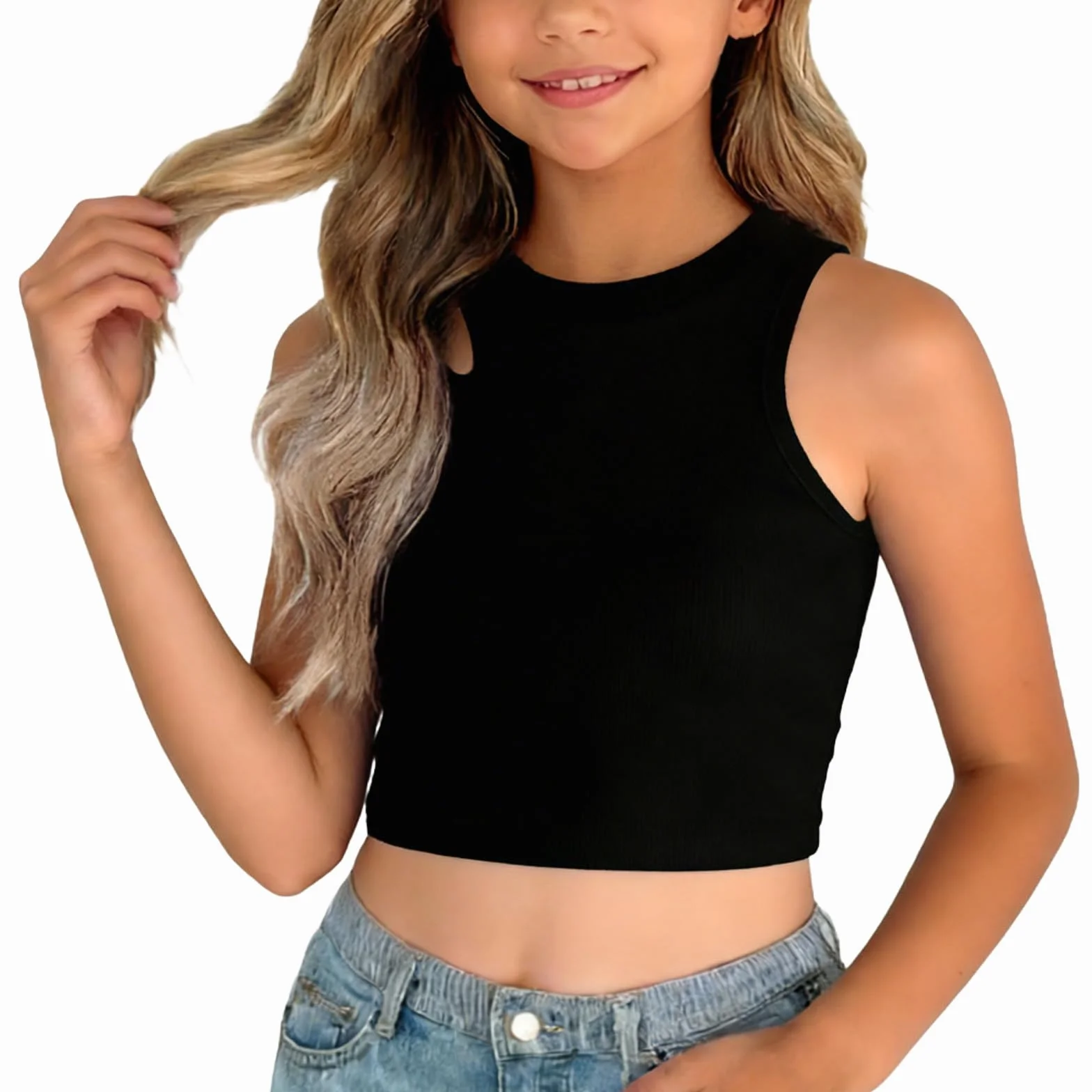 Camiseta deportiva sin mangas para niñas, cuello redondo, hombros descubiertos, para gimnasio y uso diario