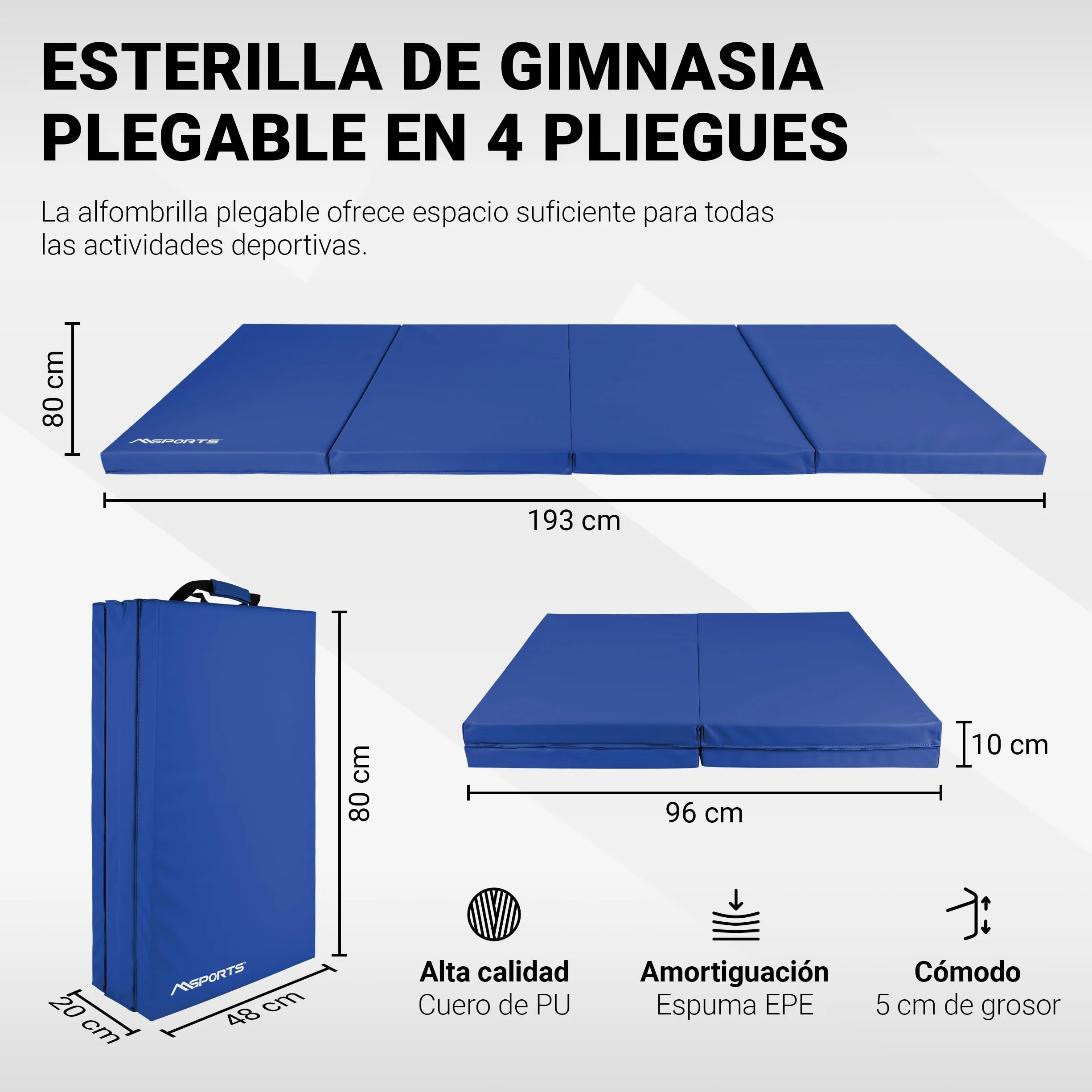 MSPORTS Esterilla de gimnasia plegable 190 x 80 x 5 cm para casa y niños
