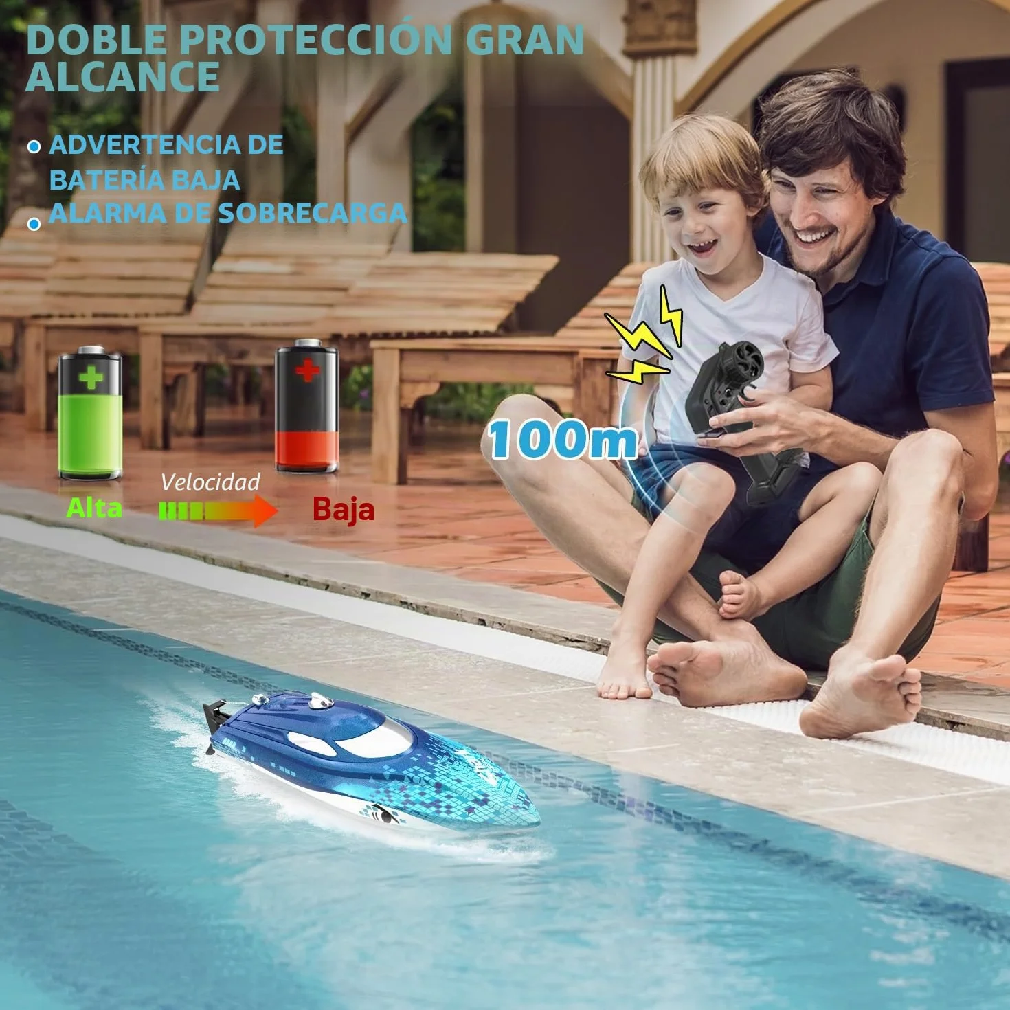 DEERC RC Boat con iluminación LED, barco tiburón teledirigido para piscinas y lagos, más de 20 km/h, barco de carreras de 2,4 GHz, juguete de piscina para niños a partir de 8 años