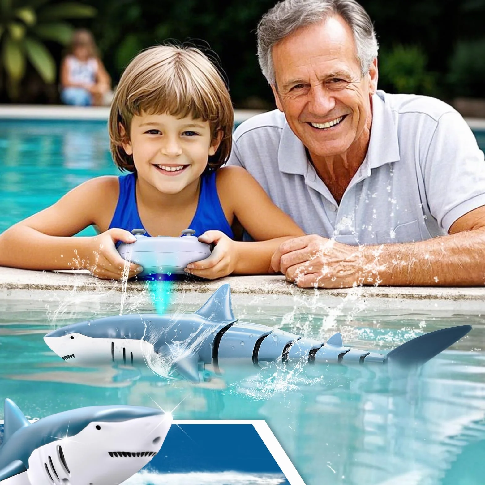 YOOHBERRYS Tiburon Teledirigido, 2.4GHz Tiburon Teledirigido Acuatico, RC Barco Tiburón con Luces y Chorros de Agua, Juguete de Piscina Regalo para 6+ Años Niño Niña