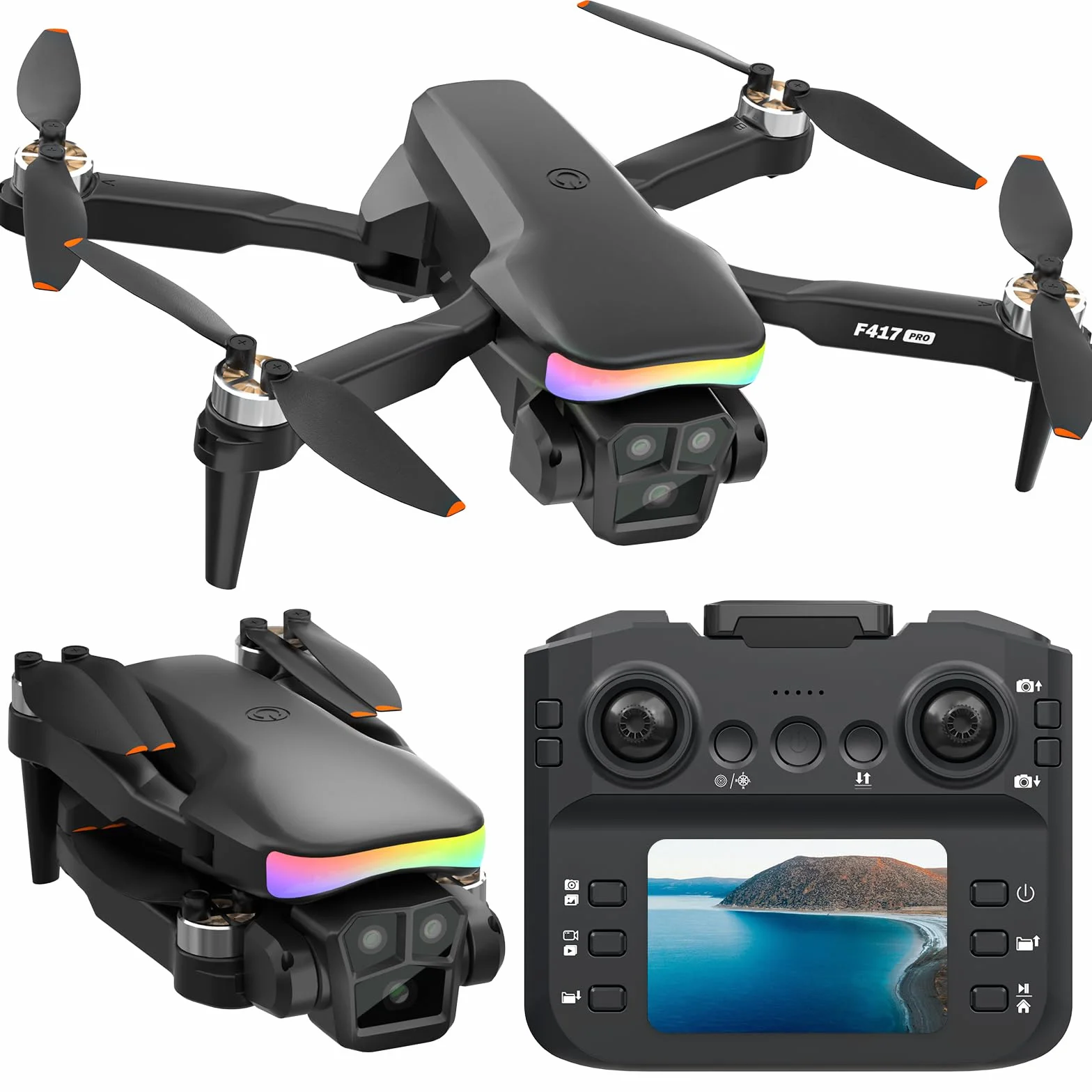 F417PRO Drone con Cámara 1080P para Adultos Niños, Mini Drone con Pantalla, Doble Lente 90°, LED, Flujo Óptico, Batería Modular, Principiantes, Despegue 1 Tecla, Sin Cabeza, Flip 3D, Maletín
