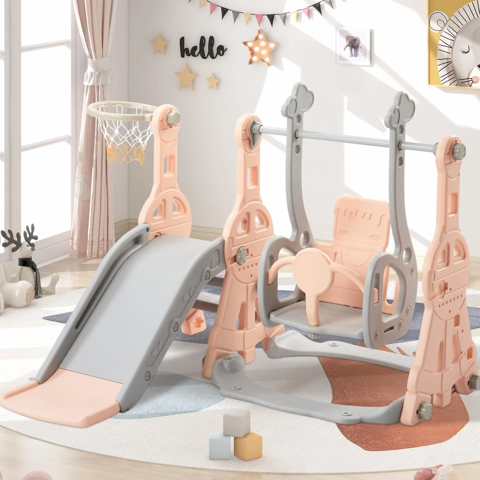 Tobogán infantil 4 en 1, columpio, juego de toboganes infantiles con escaleras, columpio, tobogán y soporte de baloncesto, rosa