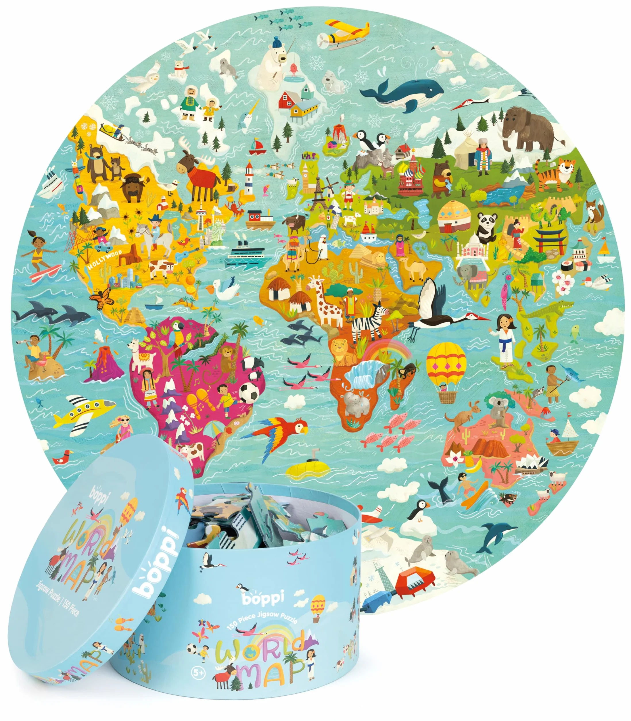 boppi Puzzle Circular del Mapamundi 150 Piezas de Cartón Reciclado 58 cm Animales
