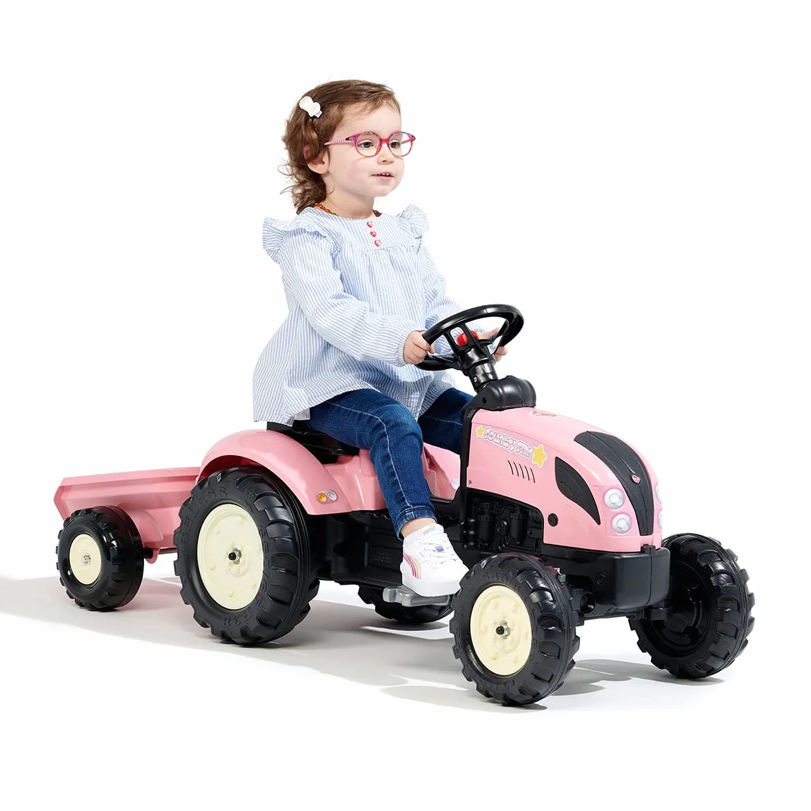Falk - Tractor de Pedales Rainbow Star Rosa con Remolque - A Partir de 2 años - Contiene 40% de plástico Reciclado - Fabricado en Francia - 2056L