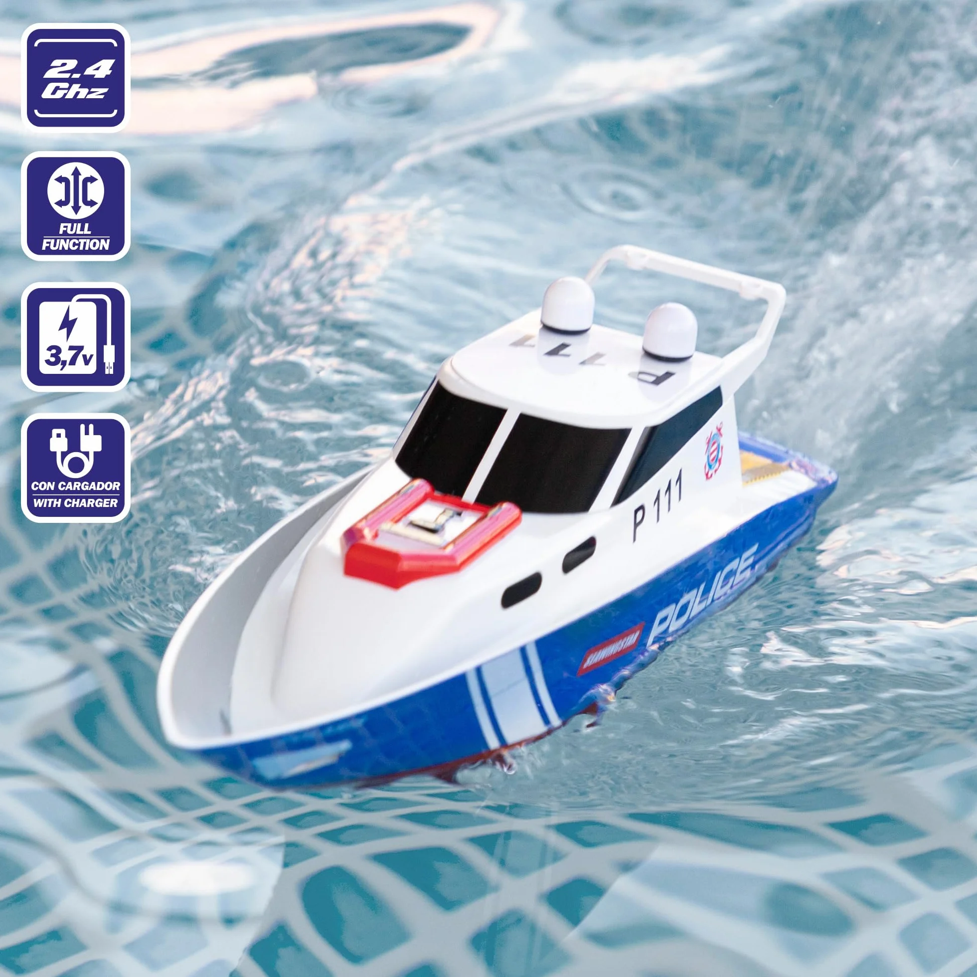 ColorBaby 47674 Racing Boat Lancha radiocontrol policía, 36x10x10 cm, Mando Control Remoto, 6 direcciones, 2.4 GHz, Alcance 35-40 m, Barco RC, Juguetes radiocontrol, Juguetes para niños, +4 años