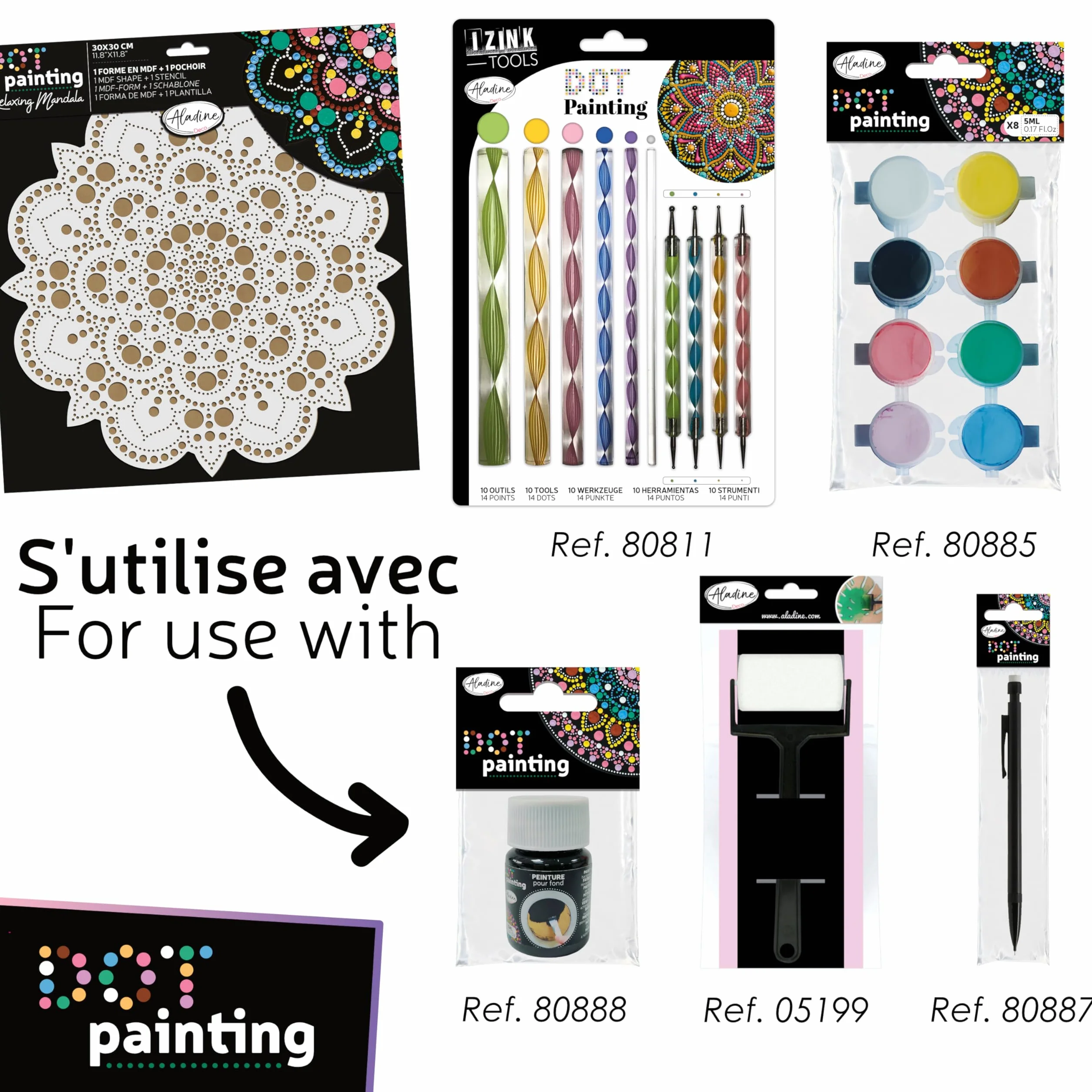 Aladine 85505 - Kit de plantilla y soporte Mandala de 30 cm para crear Mandalas de punto Painting – Pintura sobre guijarro, madera, tejidos, lienzos – Dotting Paint Points – Ocio creativo