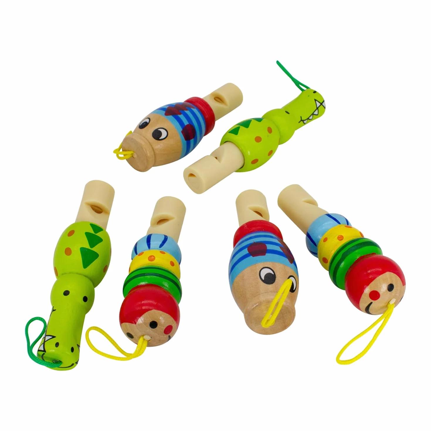 GICO Silbato para niños de madera, 6 trompetas, animales, colores surtidos – Sonido de madera – 7941