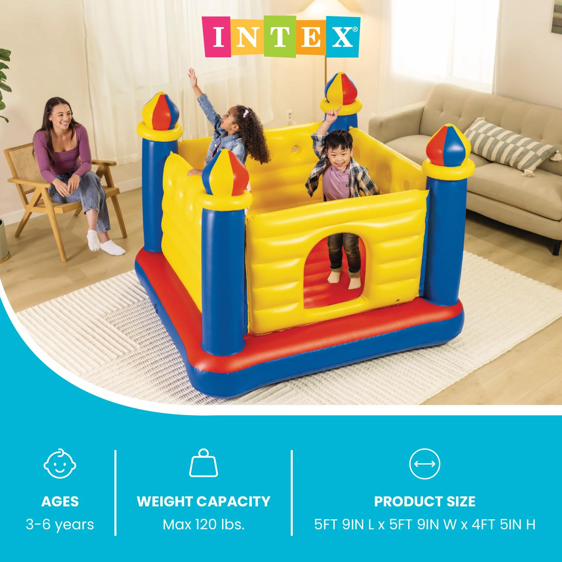 Intex 48259NP - Castillo hinchable INTEX, 175x175x135 cm, suelo hinchable, Para 2 niños, Peso máximo 45 Kg, Color rojo, amarillo y azul, Castillos hinchables infantiles