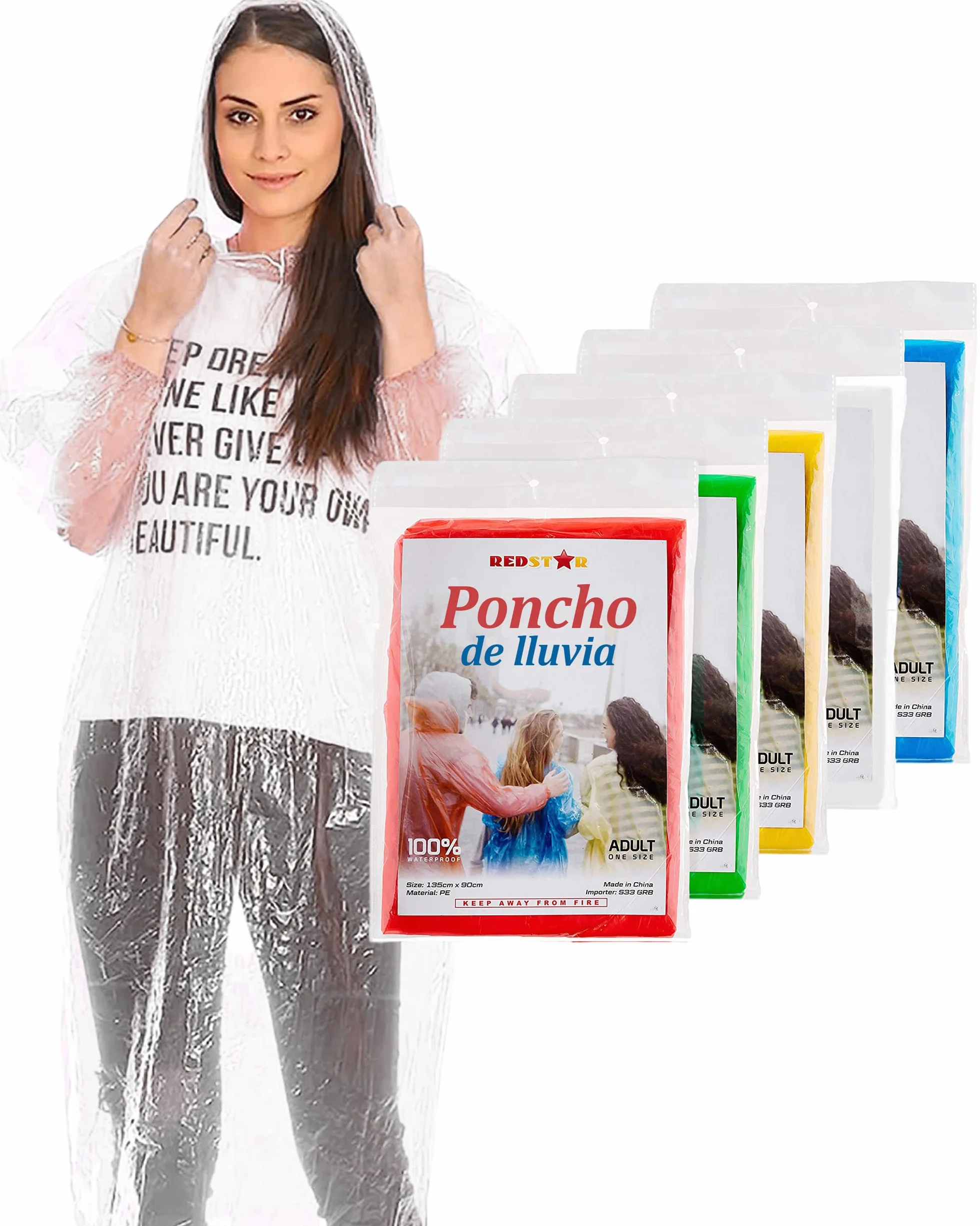 REDSTAR Waterproof Rain Poncho Family Pack - Disposable Raincoat for Adults - Emergency Raincoat Travel Festival Accessories Multicolour