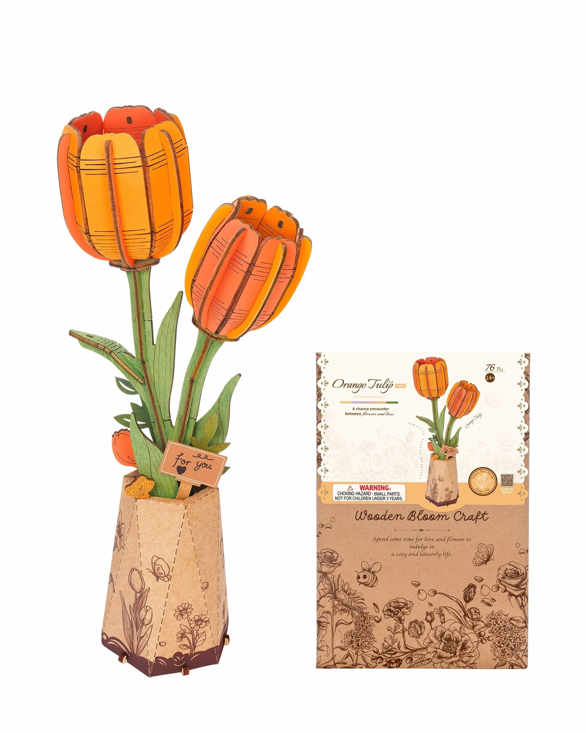 Robotime Flor Puzzles 3D Madera Maquetas para Construir Adultos Tulipane Naranja
