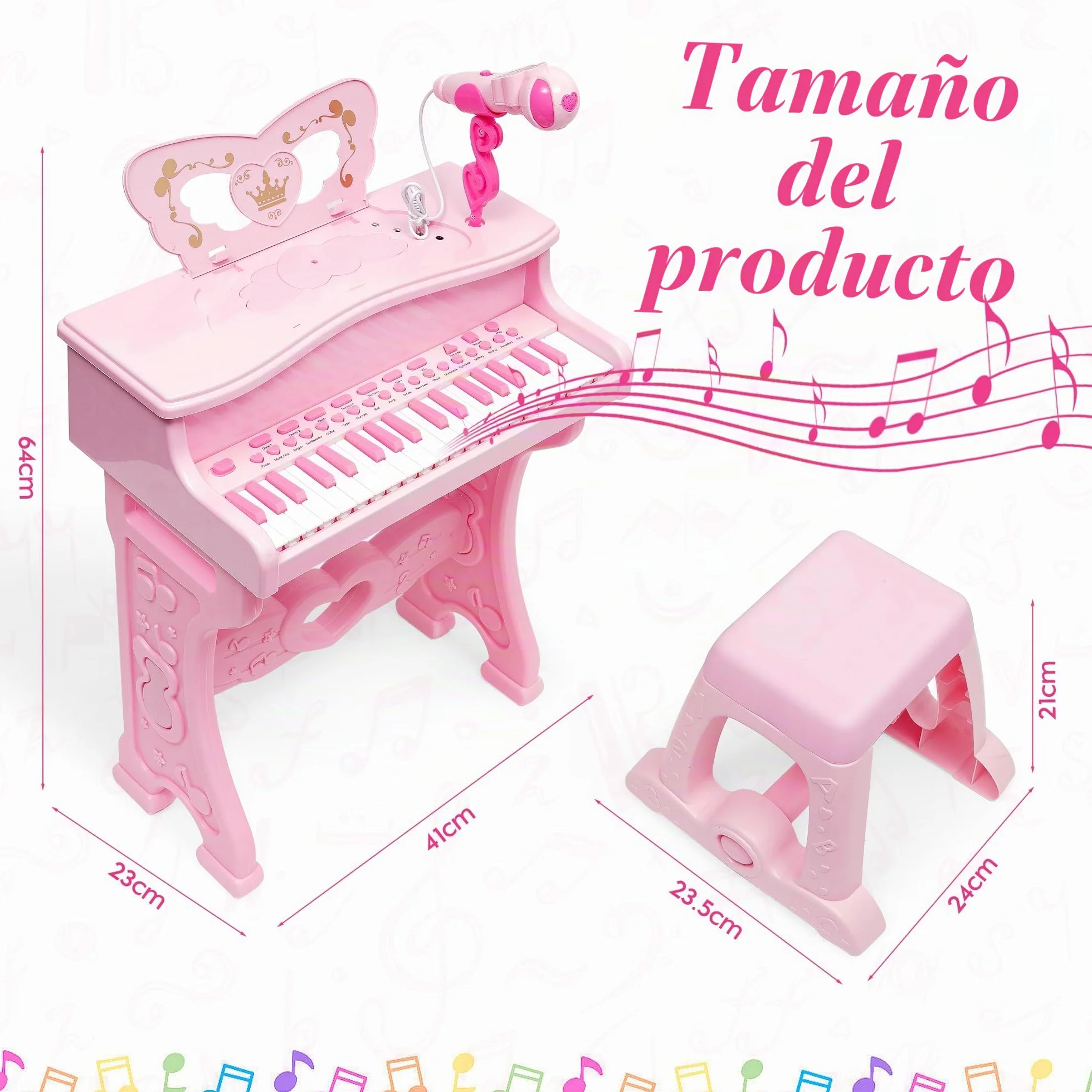 Piano para niños-Instrumento Musical Electrónico con 37 Teclas para niñas,Regalo Juguete Musical Pedagógico con Patas Desmontables,Micrófono,Varios Modos de Música,luz,Taburete (Rosa)