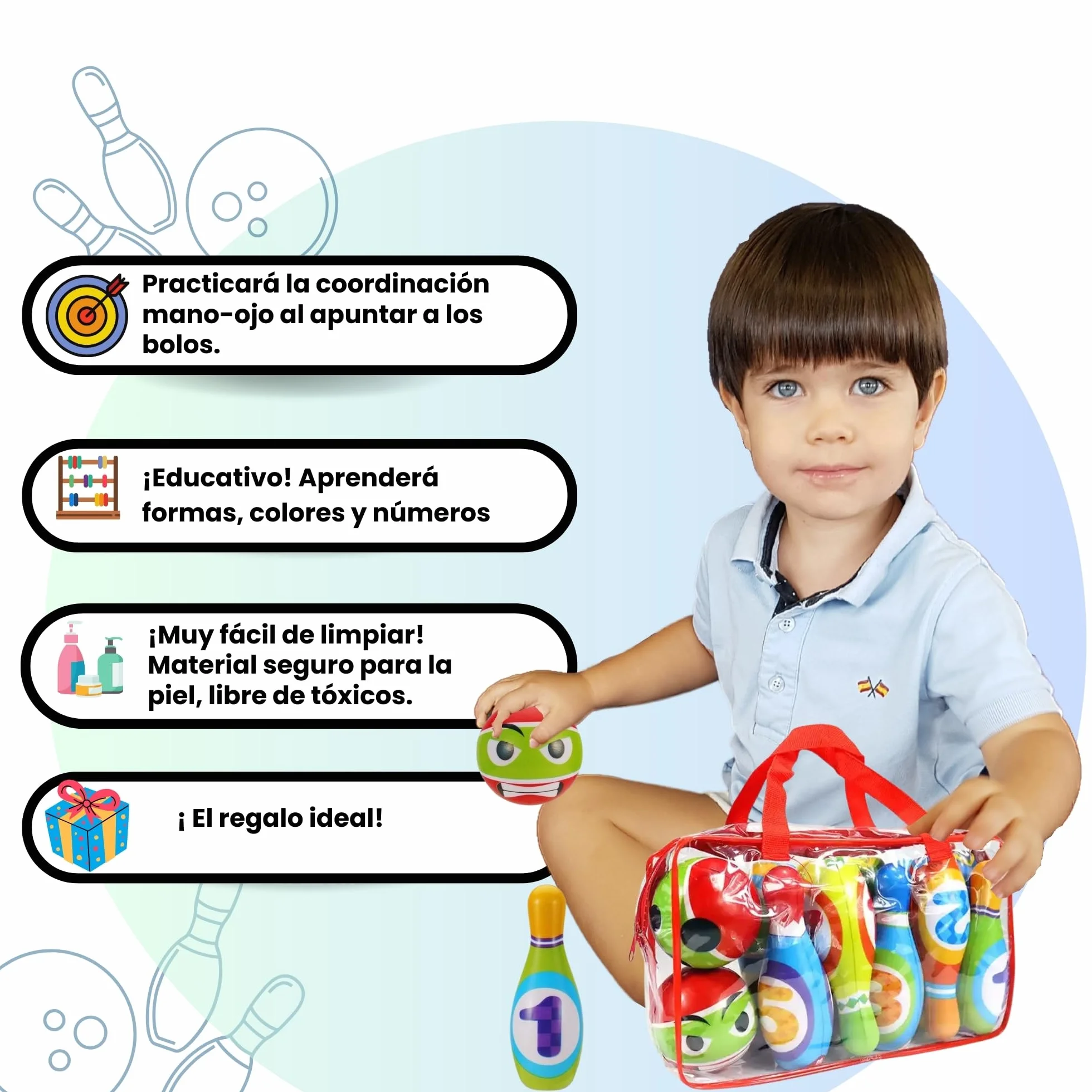 Juego de BOLOS INFANTILES - Juguetes niños 2 años a 4. BLANDO Y SEGURO. 10 Bolos de Gomaespuma de 14cm + 2 Bolas | Incluye Bolsa de Transporte. Para interior y exterior | Regalo niño 2 años a 4 |
