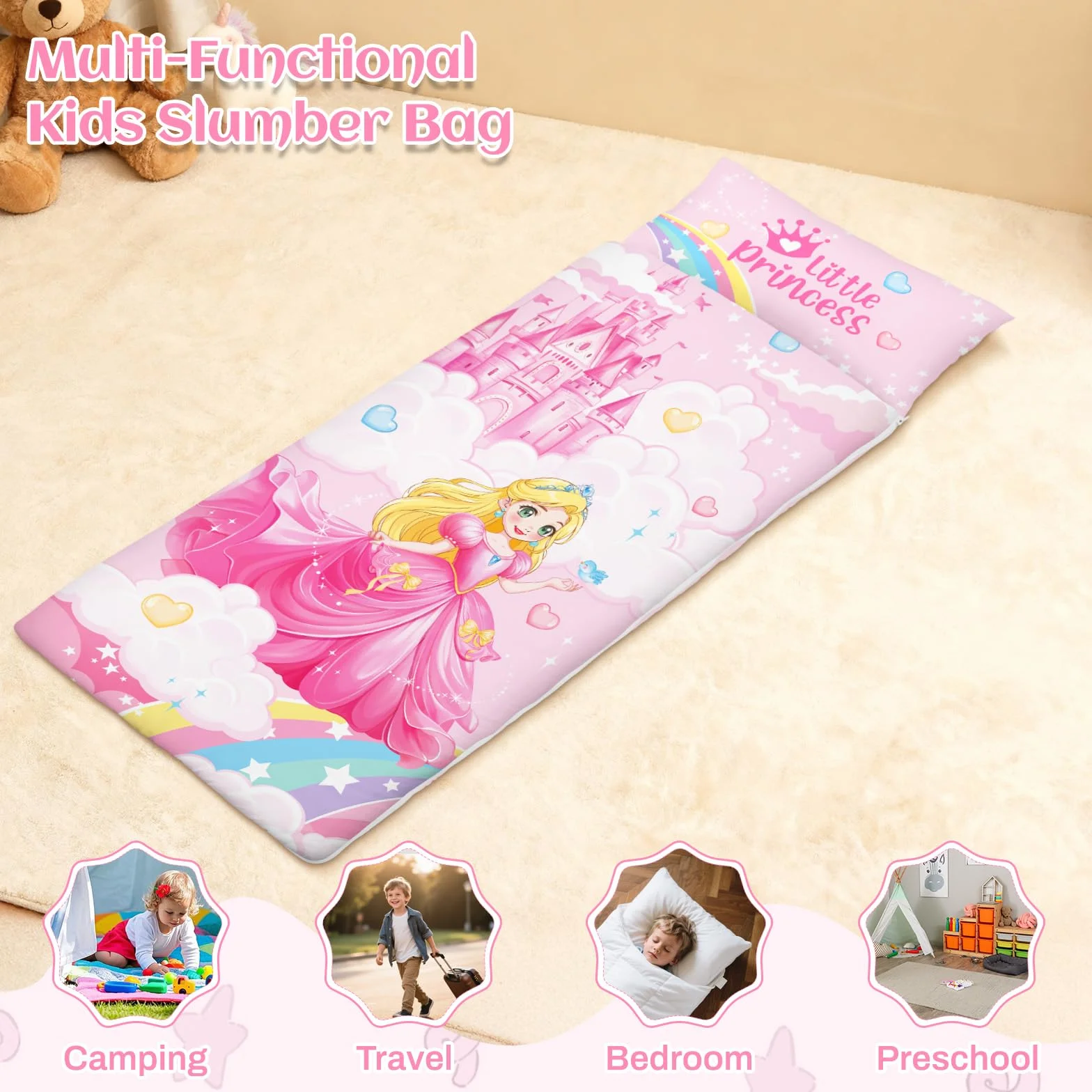 Saco de Dormir para Niños con Almohada, Tapete de Siesta para Niños y Niñas, Cálido Saco de Dormir de 150 x 60 cm, Tapete de Dormir Enrollable con Doble Cremallera