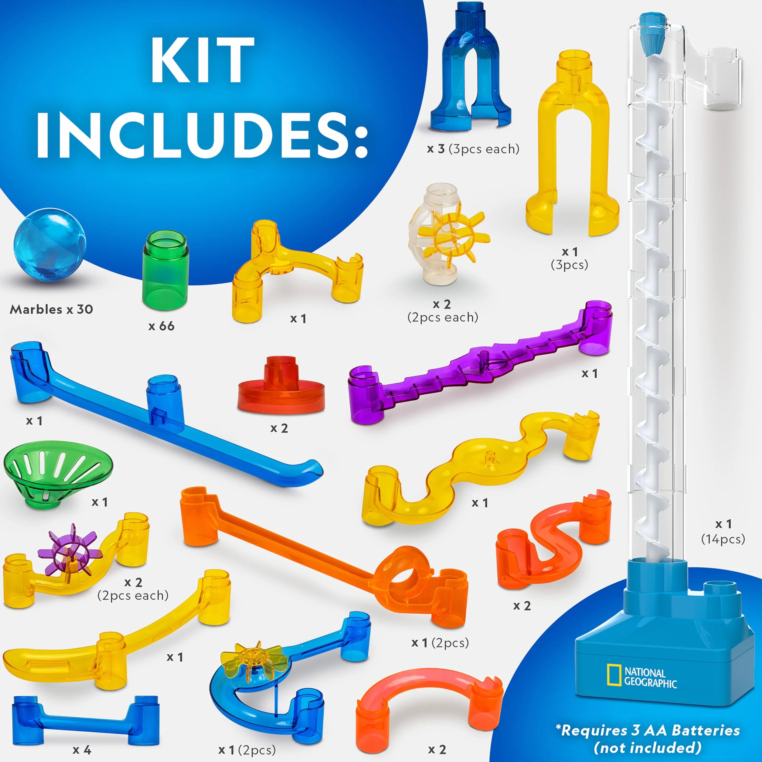 Blue Marble National Geographic Kit de Canicas con Elevador Motorizado - Set de 150 Piezas con Espiral, 30 Canicas, Bolsa de Almacenamiento, Máquina de Movimiento Perpetuo, Juego para Niños