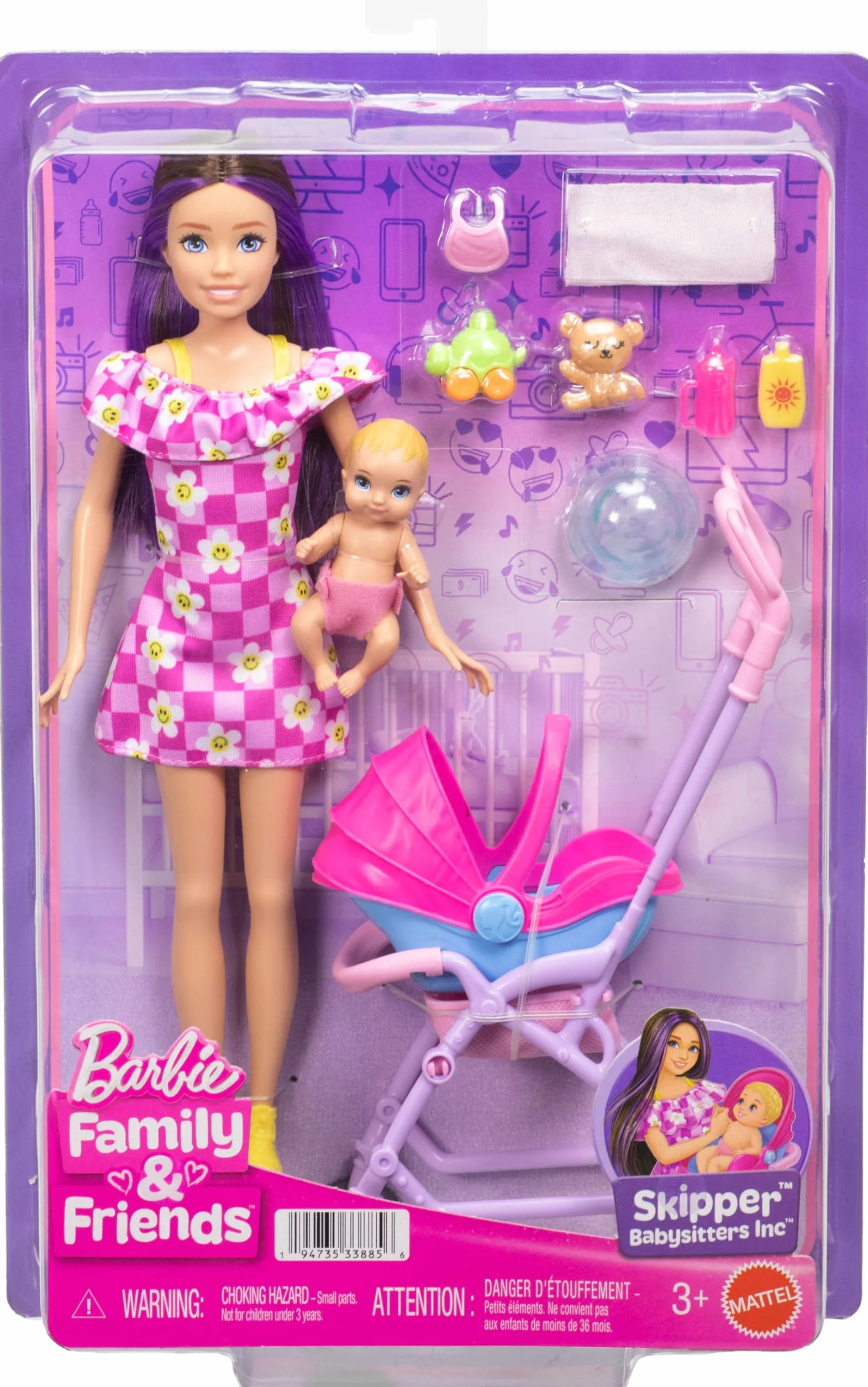Barbie Skipper Babysitters Inc. Conjunto con muñeca Morena, muñeca Rubia, Cochecito con Sillita de Coche Desmontable y 7 Accesorios, JJB42