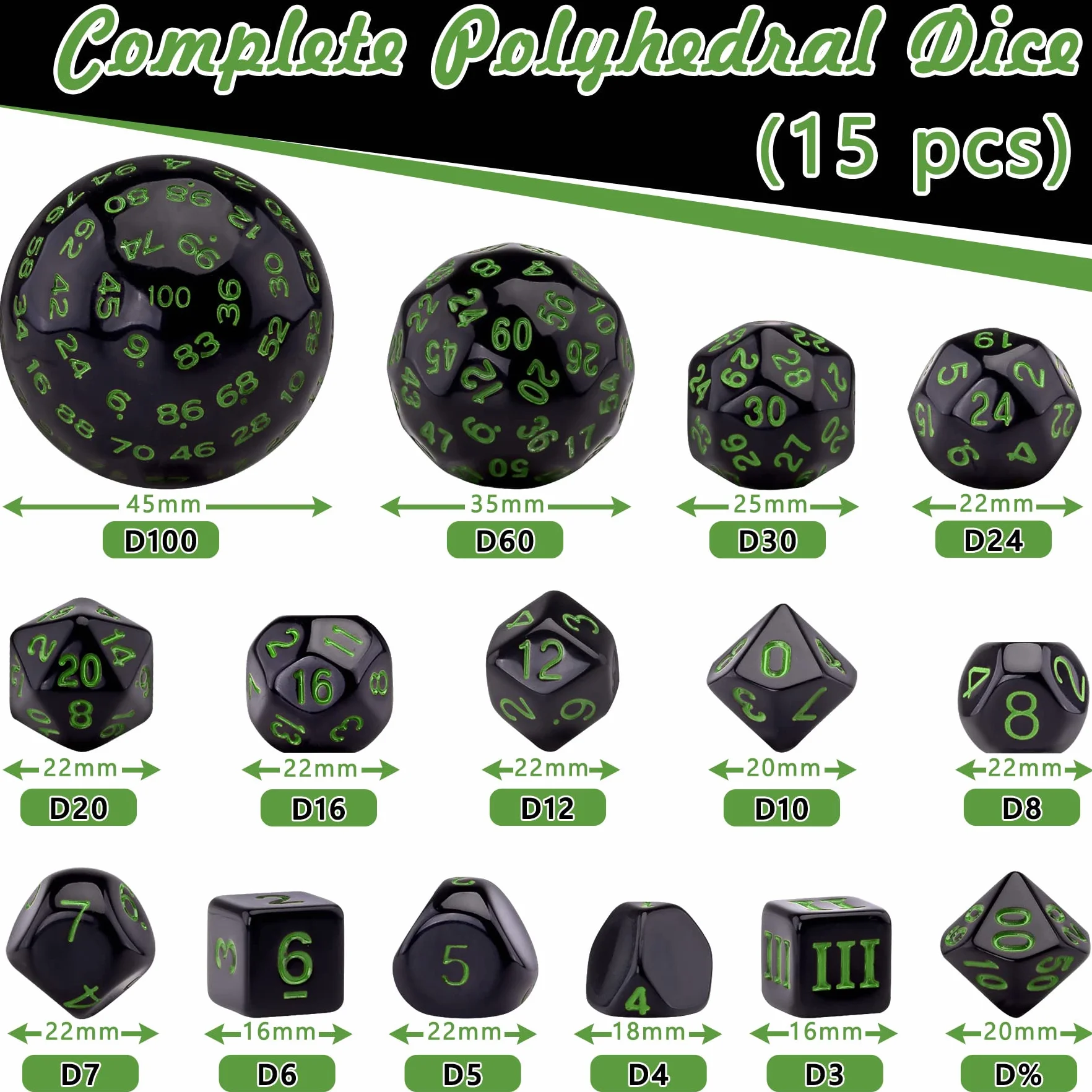 SIQUK 15 Piezas Dados Poliédricos D3-D100 para DND RPG, Negro y Verde
