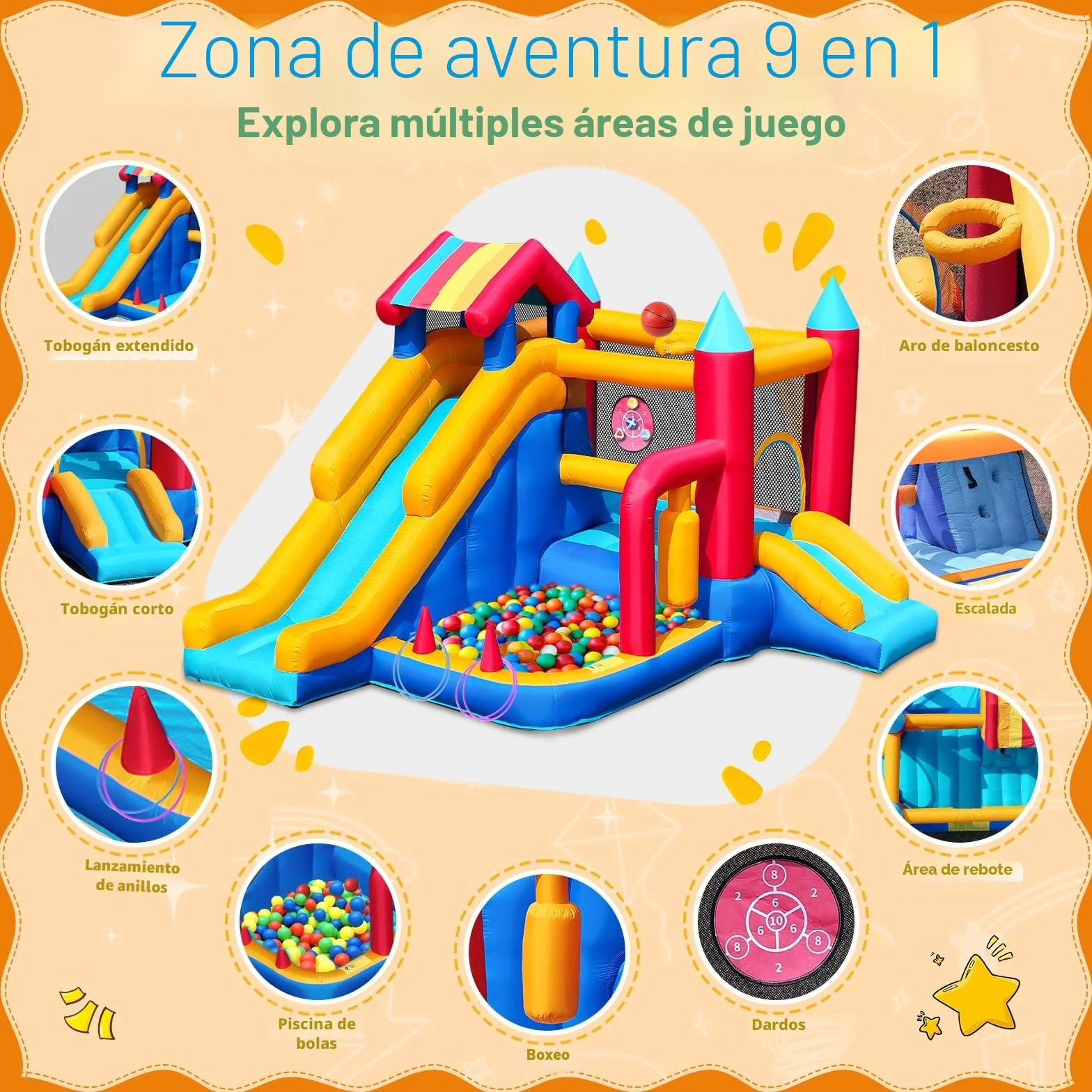 Castillo Hinchable para Niños, FOOING 9 en 1 Casa Inflables con Soplador de Aire, Trampolín, Tobogán, Estante Baloncesto, Pared Escalada, Casa Inflable Interior al Aire Libre para Fiesta Cumpleaños