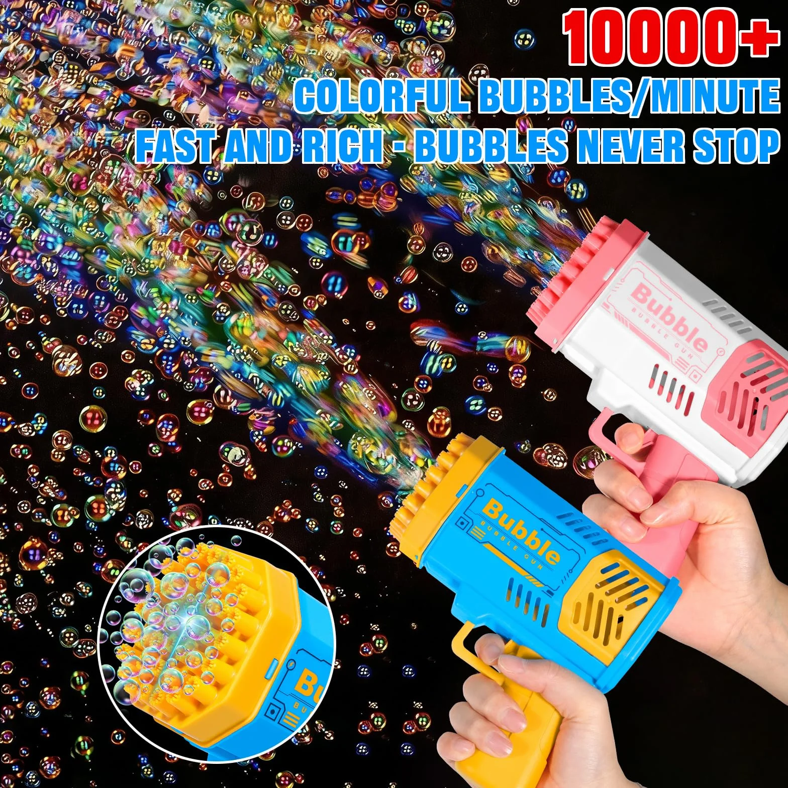 Pistola de Burbujas para Niños, Automática Máquina de Burbujas de Jabón 10000+ Pompas/Min, Máquina Automática de Burbujas Silencioso con Luces para Fiestas Verano Al Aire Libre Regalo Boda