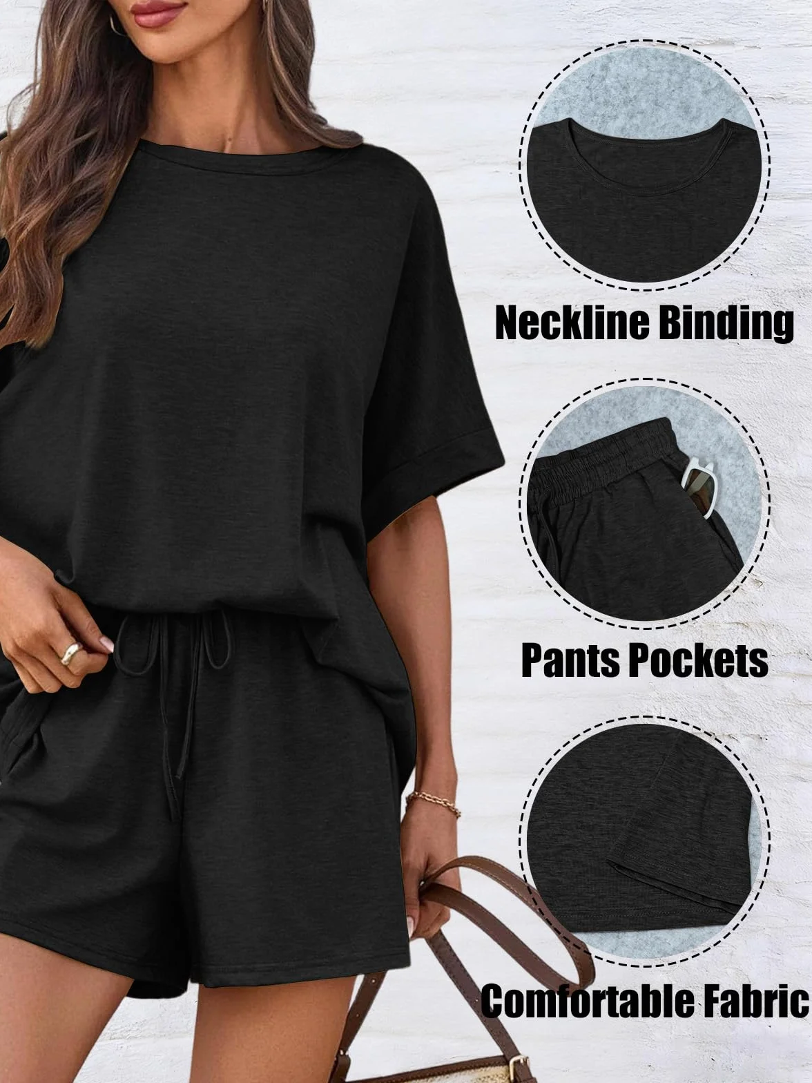 Mujer Chándal 2 Piezas Pantalones Cortos Verano Camiseta Bolsillos Cuello Redondo