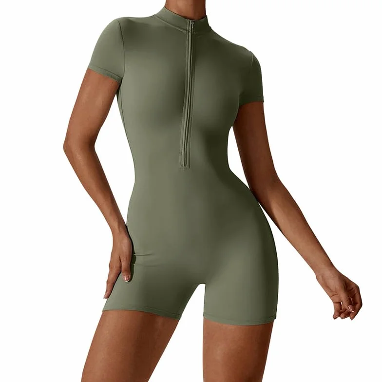 Litthing Mono Deportivo Mujer Corto Cremallera Elásticos Mangas Cortas Jumpsuit Sexy Ajustado Bodysuit Una Pieza Push Up Fitness Body Overol