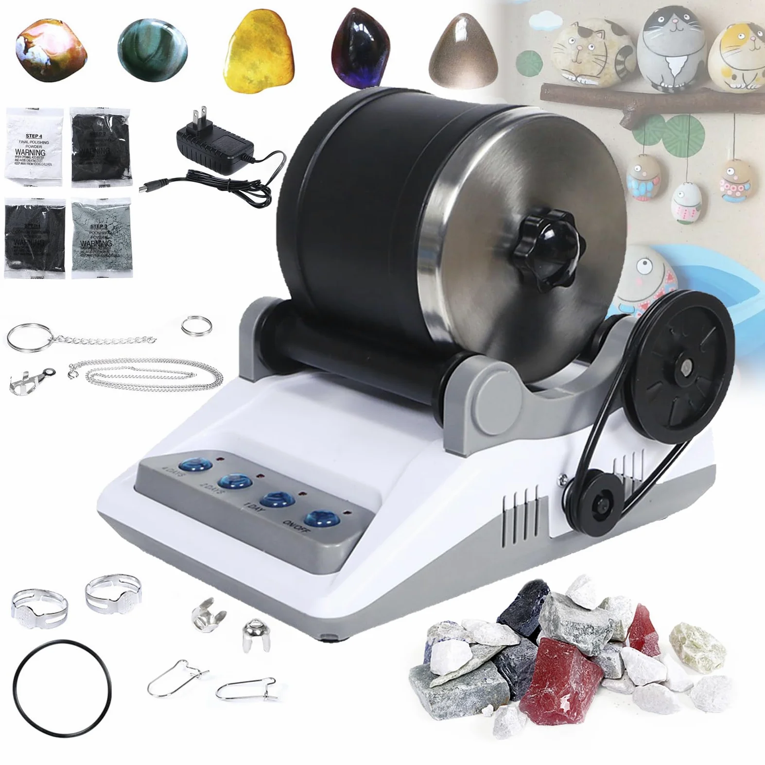 Kit de Vaso de Roca Eléctrico, Vaso de Roca Profesional con 2 Cinturones, Bolsa de Piedras Ásperas, 4 Molienda Gruesa, Molienda Fina, Pulido y Temporizador de Pulido de 7 Días para Pulidor de Roca
