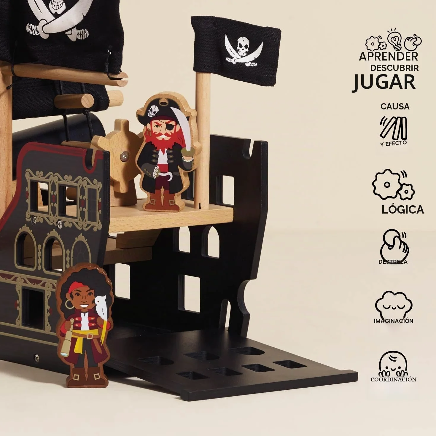 Le Toy Van - TV246 - Juego de Madera Galeón Pirata 3 años, Barco Pirata de Barbarroja, 2 Piratas incluidos, Brilla en la Oscuridad, 48 x 24 x 49 cm, Juegos ecológicos Montessori