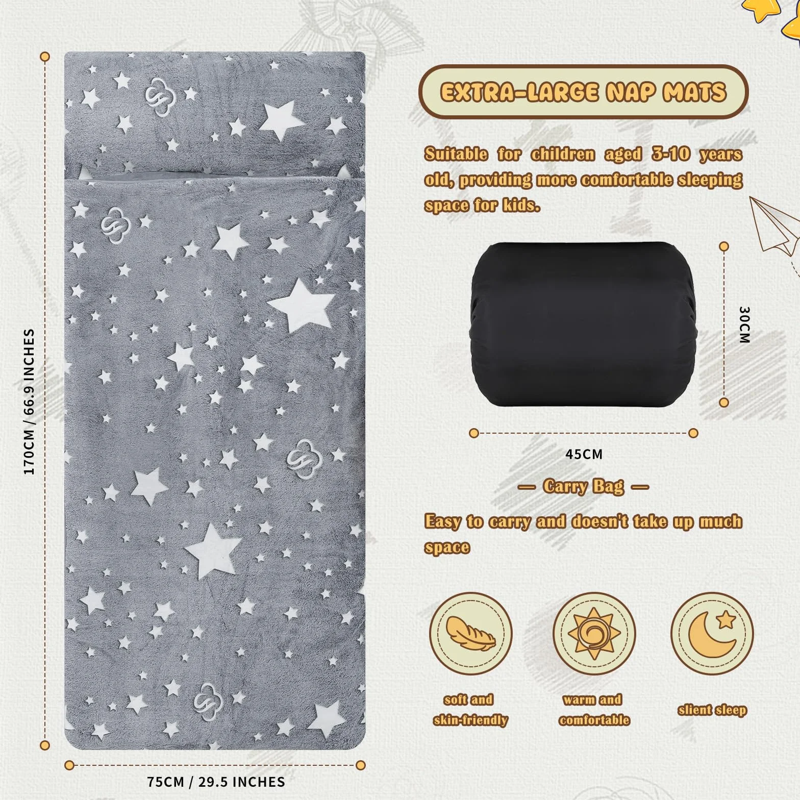 Decalsweet Cálida Alfombrilla de Siesta para Niños Pequeños con Almohada Extraíble, Saco de Dormir Luminoso Plegable para Niñas y Niños, Bolsa de Dormir con Cremallera para Camping Siesta, 170×75cm