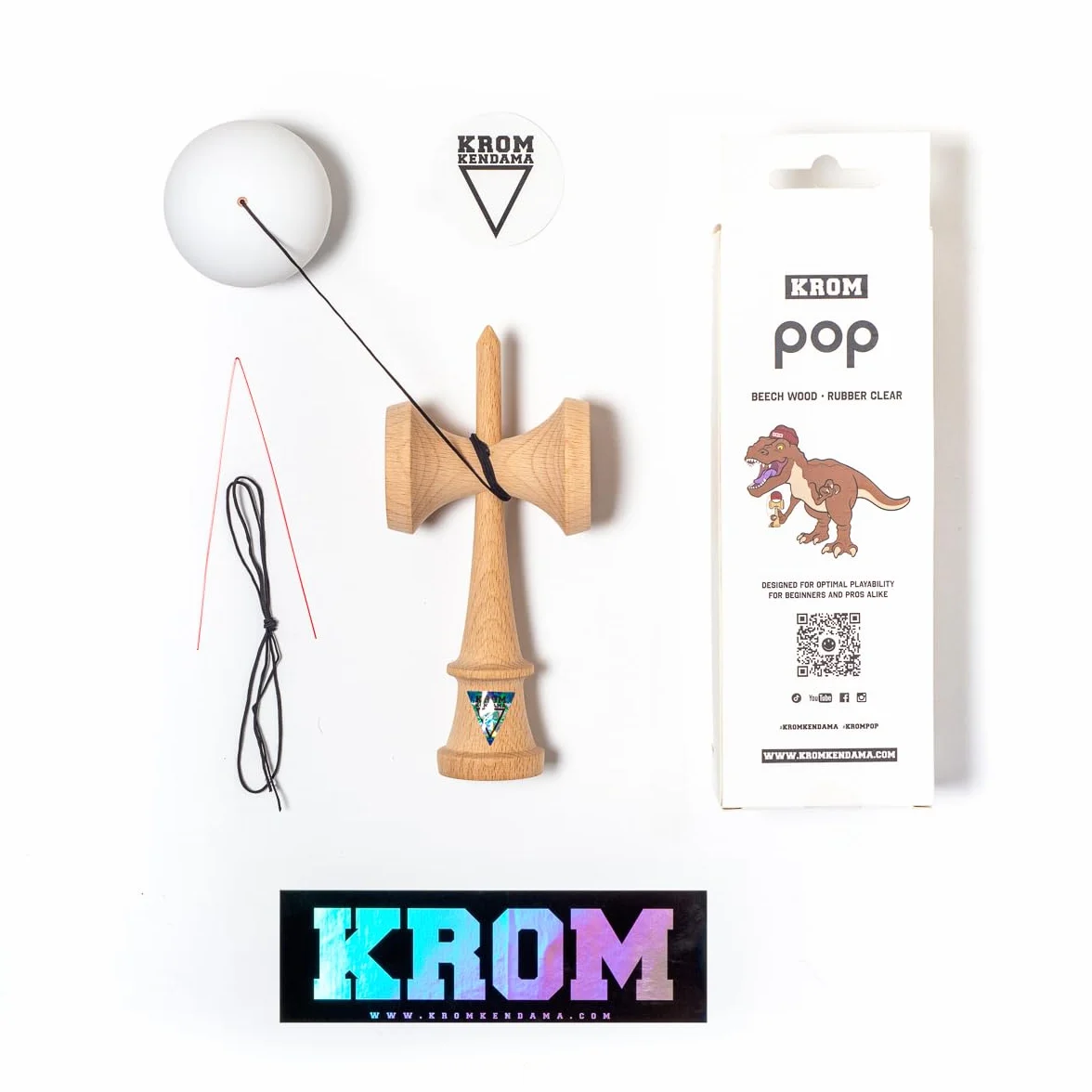 KROM Kendama POP Rubber Blanco – de madera de haya certificada – Madera de alta calidad – Para principiantes y profesionales – Pack : cuerda de repuesto + pegatinas