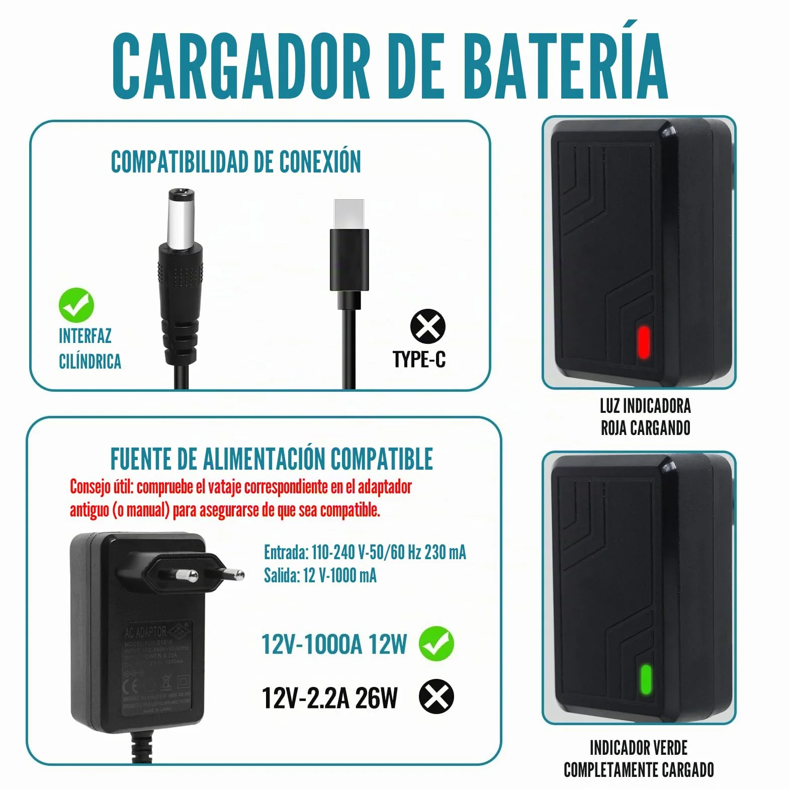 Cargador de 12 V para coche eléctrico infantil, cargador universal de 12 V 1 A, para coche eléctrico infantil, paseo en juguetes, para SUV ATV moto, coche, eléctrico de motocicleta, coches eléctricos
