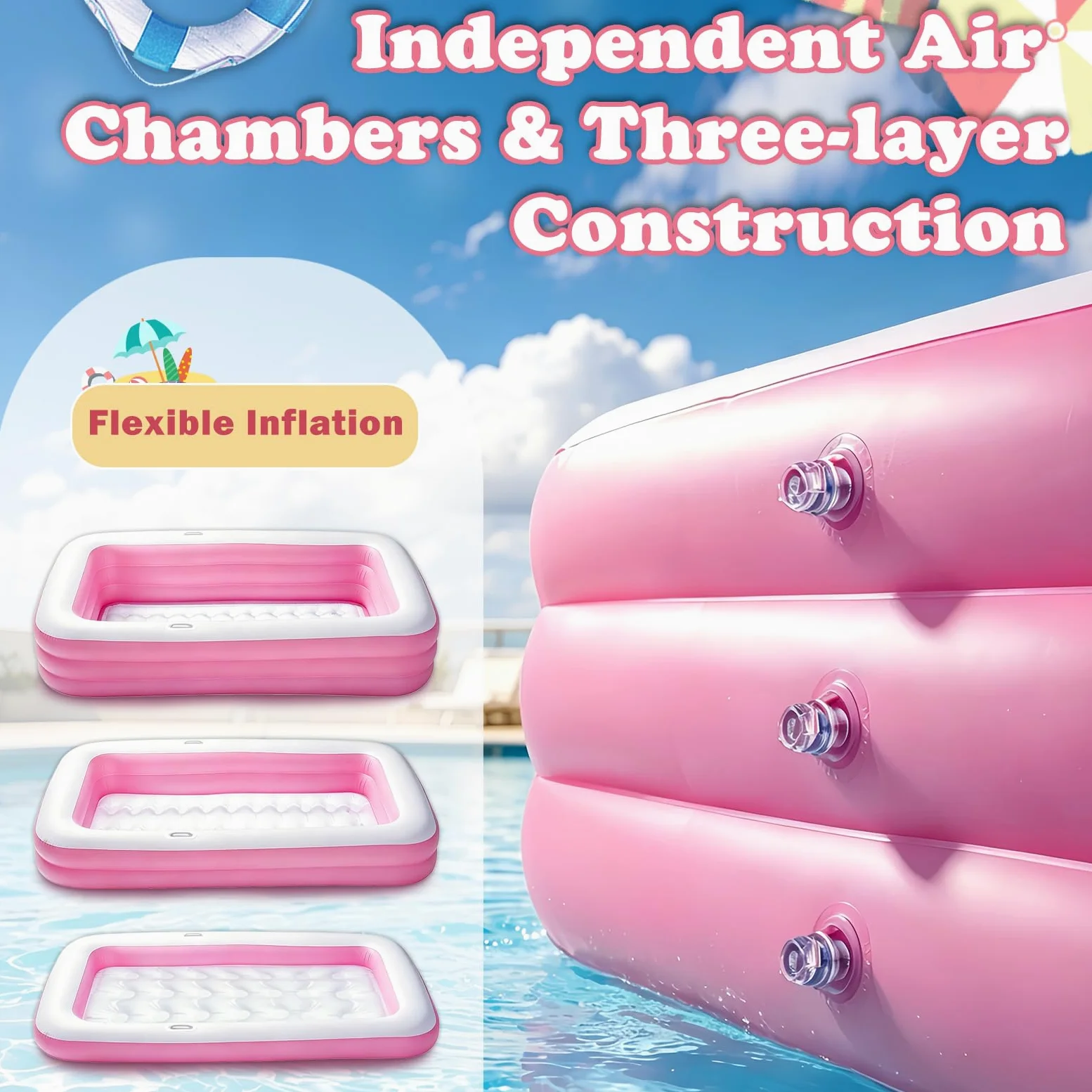 Piscina Hinchable Niños, Piscina Infantil Rectangular con 2 Pelotas de Playa y 2 Mini Pistolas de Agua, Piscine de Verano para Jardín, Exterior y Fiestas de Verano (Rosa)